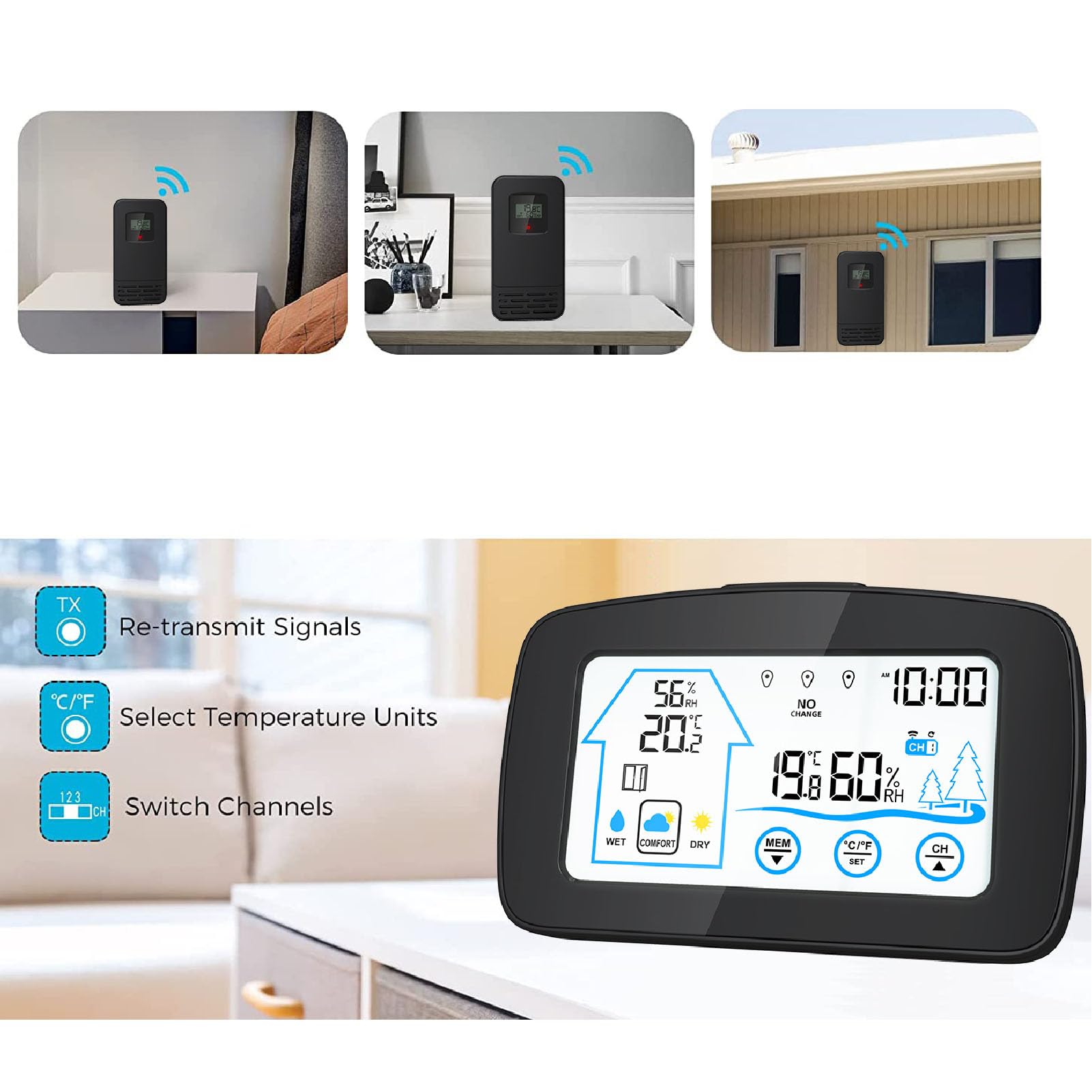 Hygrometer, Thermometer, Hintergrundbeleuchtung, Touchscreen-Taste, Wettervorhersage, Temperatur, Luftfeuchtigkeit, Messgerät für drinnen und draußen, Wohnzimmer, Schlafzim (Schwarz)