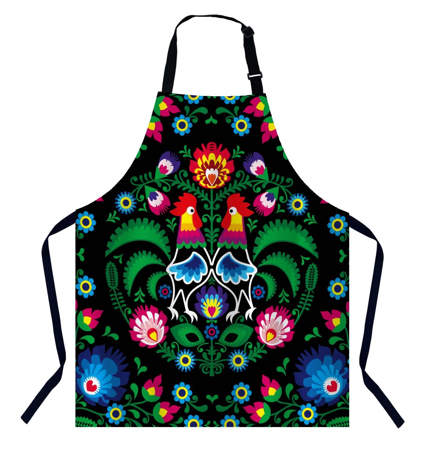 BGBDEIA Polish Floral Folk Art Square Pattern with Rooster Kitchen Apron for Women Men, Unisex Adjustable Cooking Apron, Waterproof Apron for Home Kitchen, Restaurant, Coffee House