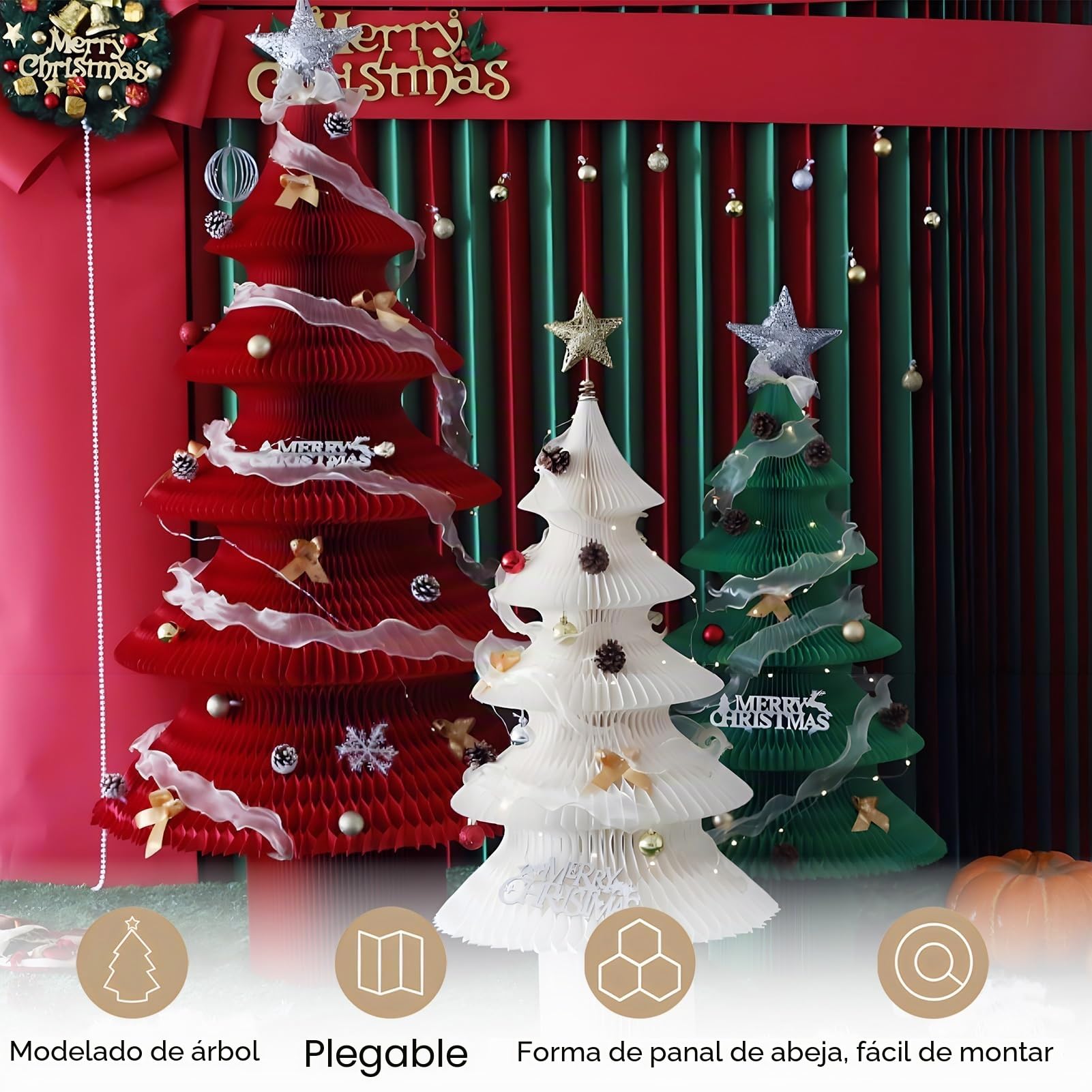 Árbol De Navidad Plegable Rojo, Árbol De Navidad De Panal para Fiesta, Árbol De Navidad De Papel Artificial con Accesorios(10.2x18.5in)