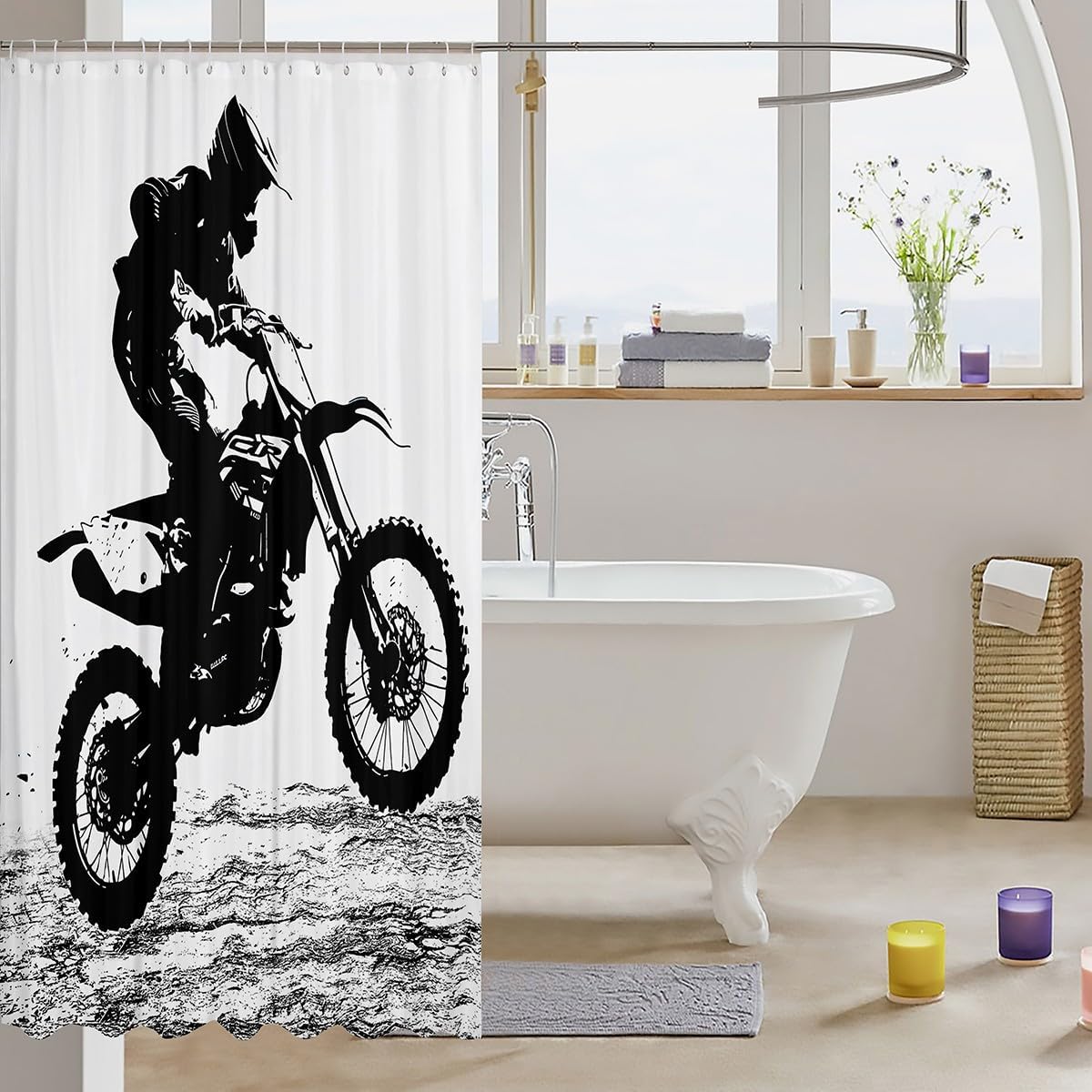 Erosebridal Teens Dirt Bike Shower Curtain, Motocross Rider Bath Curtain Motorbike Extreme Sport Waterproof Decor for Bathroom, Motorcycle Grunge Shower Curtain Set, Black White, 72" W X 78" L