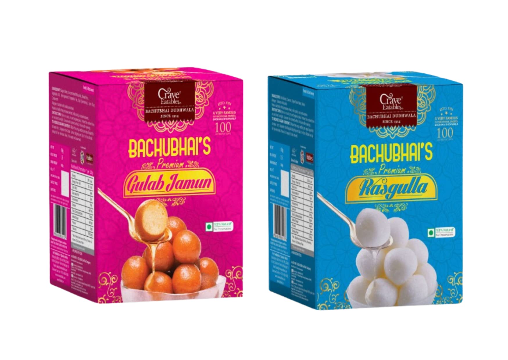 Crave Eatables Bachubhai's Gulab Jamun 1 Kg (Pack Of 1 Kg × 1) / Rasgulla 1 Kg (Pack Of 1 Kg × 1)