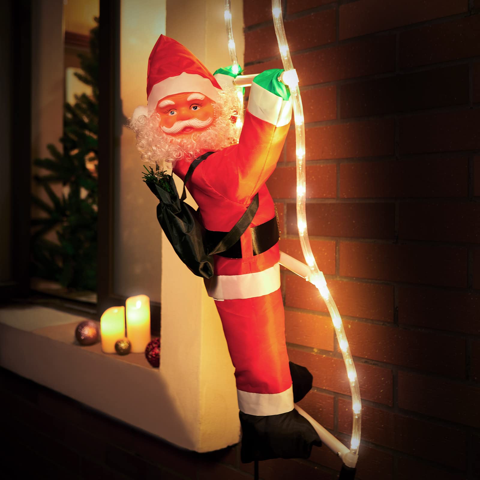 MONZANA® Babbo Natale con LED sulla Scala XL 90cm Timer 8 Modalità Luminose per Interni ed Esterni Decorazioni Natalizie