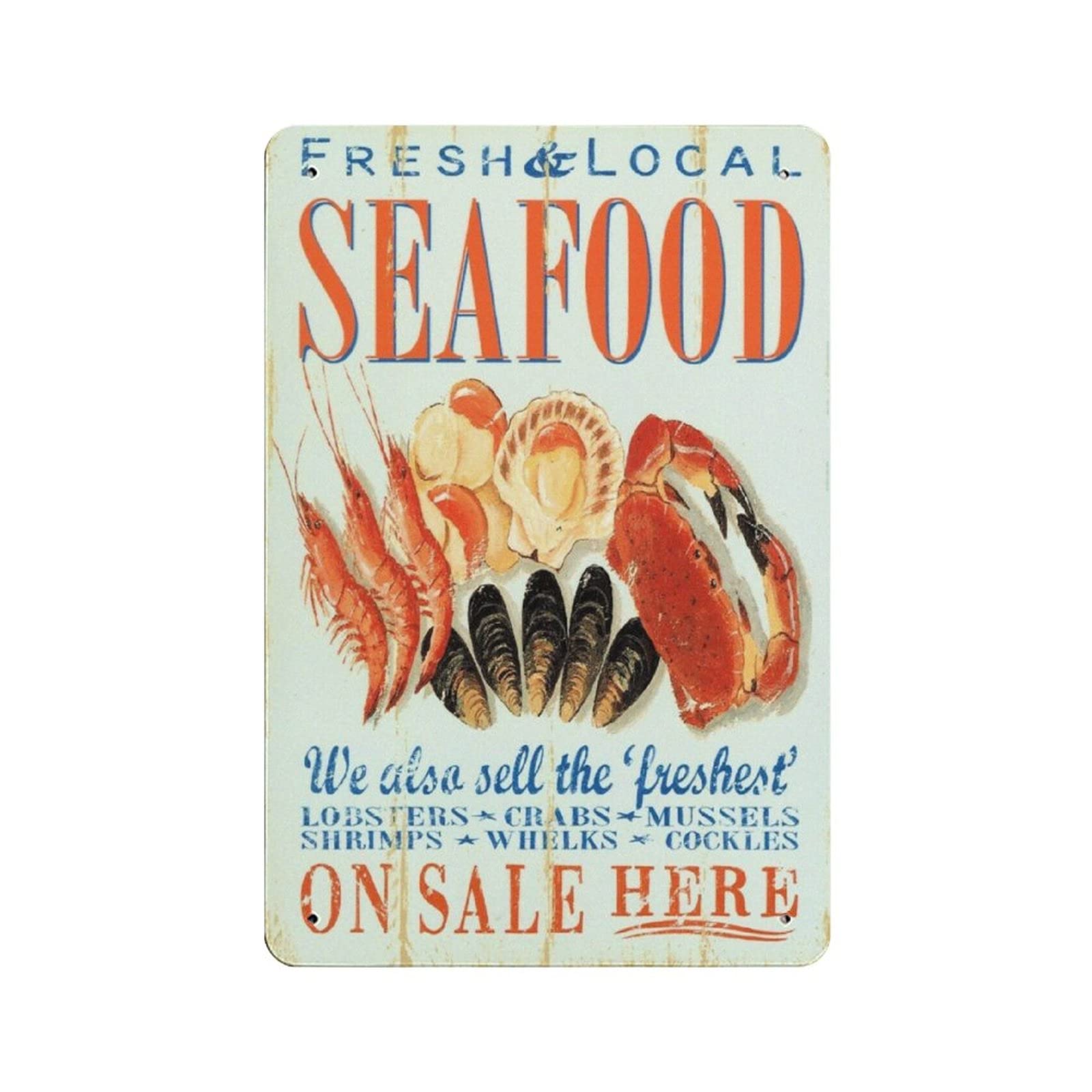 Seafood Fresh and Local Metal Signs, Fun Poster For Bar Kitchen Cafe Farmhouse Wall Decor 12x8 Inch