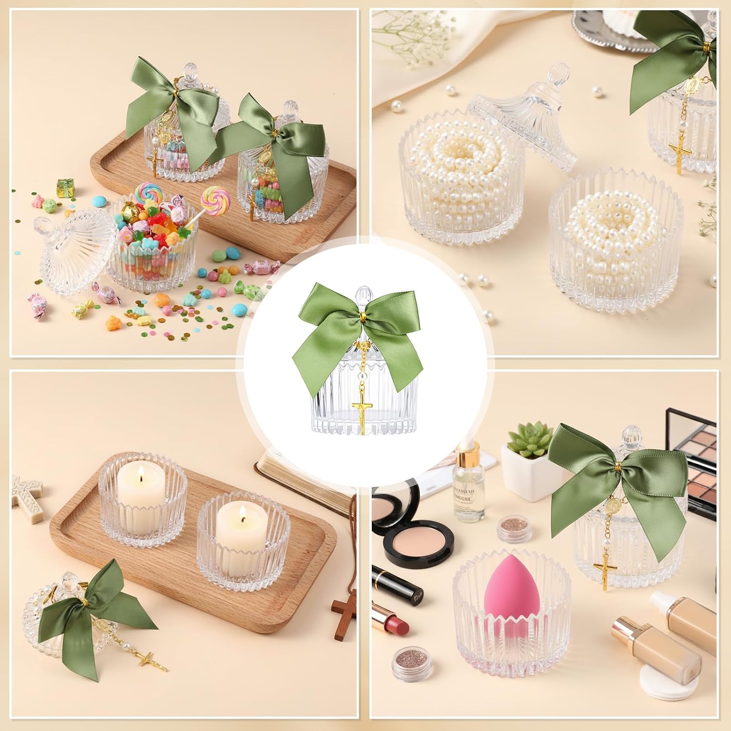 Vesici 20 Sets Baptism Favors for Guests 3.04 oz Crystal Candy Bowl Gifts with Cross Rosary for Baptism Decorations Bow and Organza Bags for Wedding Baby Shower Supplies First Communion Party(Green)