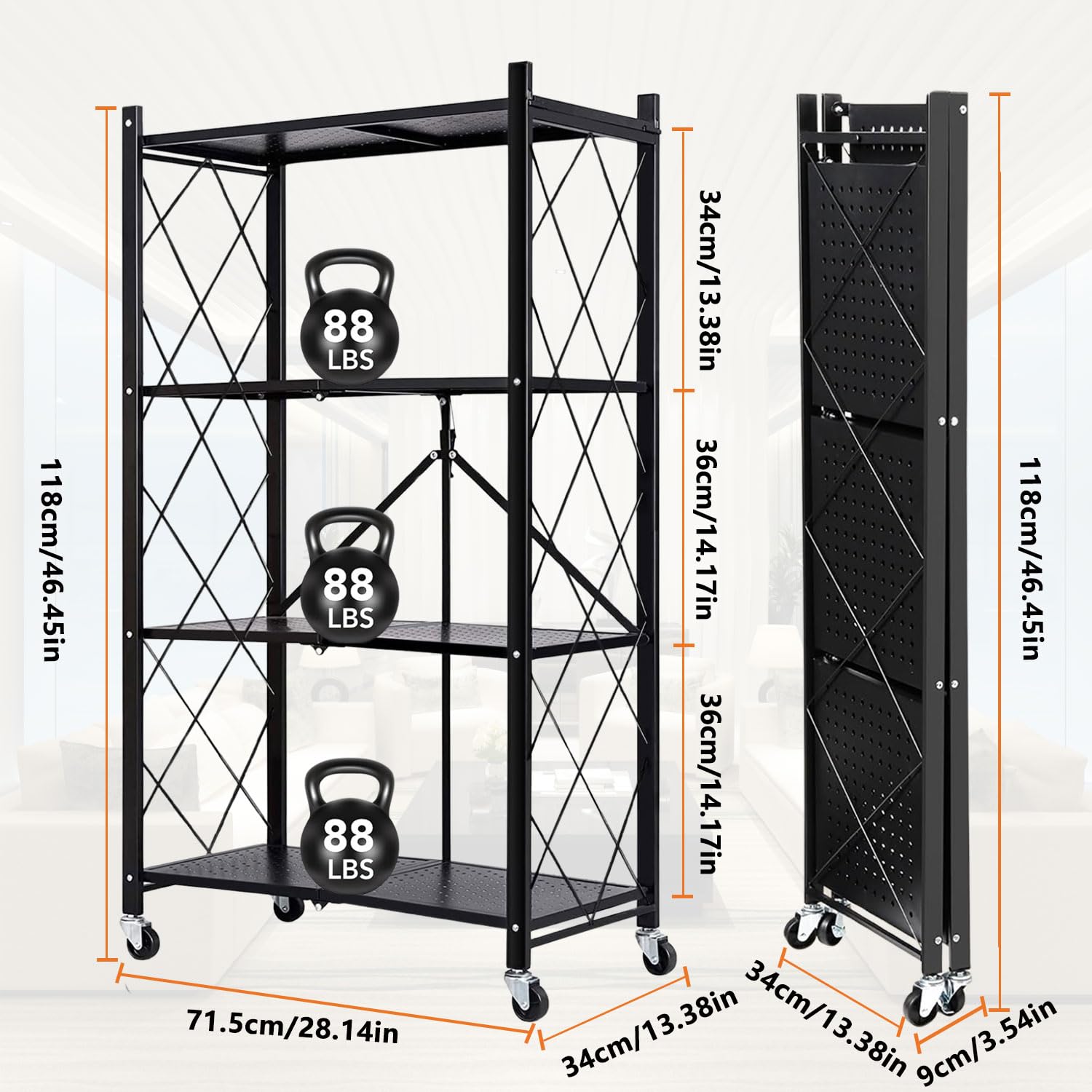 Lar Capaci nizer - Scaffale a 4 ripiani in metallo, per cucina, lavanderia e bagno, pieghevole, con ruote (nero)