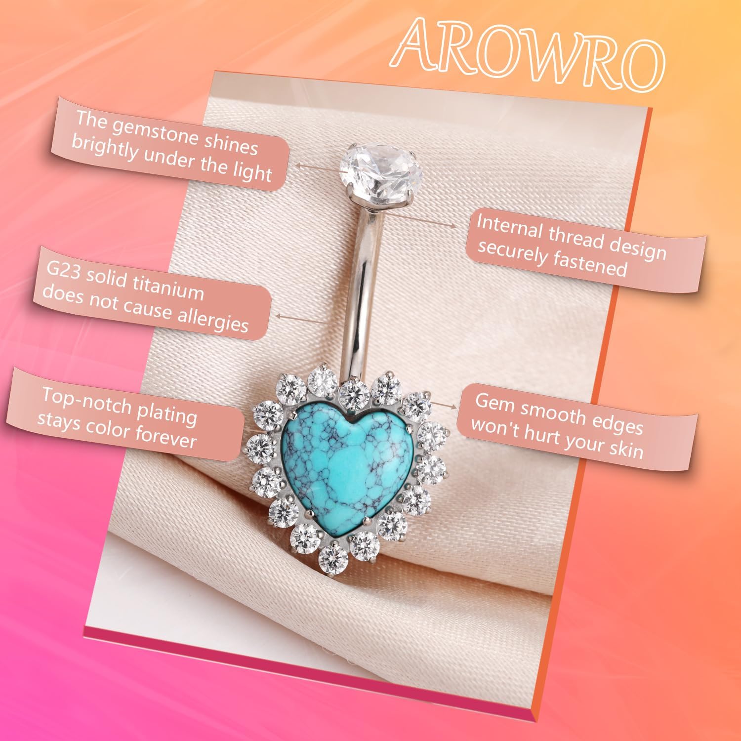 AROWRO Heart Belly Button Ring G23 Titanium Belly Piercing Hypoallergenic Belly Ring 14G Sparkle Long Navel Piercing Jewelry - Image 2