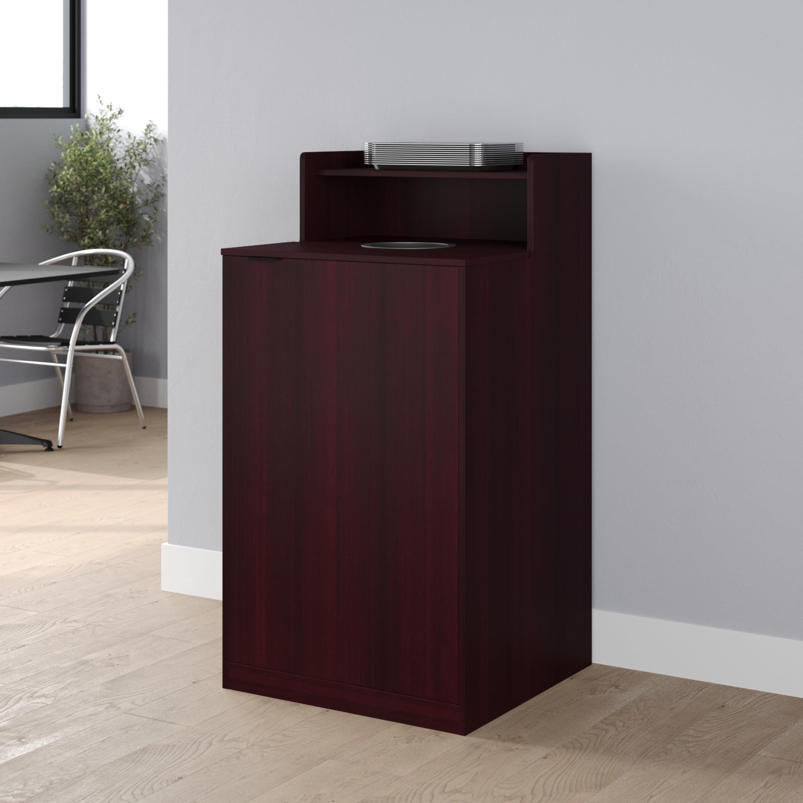 Commercial Grade Trash Receptacle Enclosure for 32 Gallon Trash Cans with 8" Drop Hole and Upper Tray Shelf in Mahogany