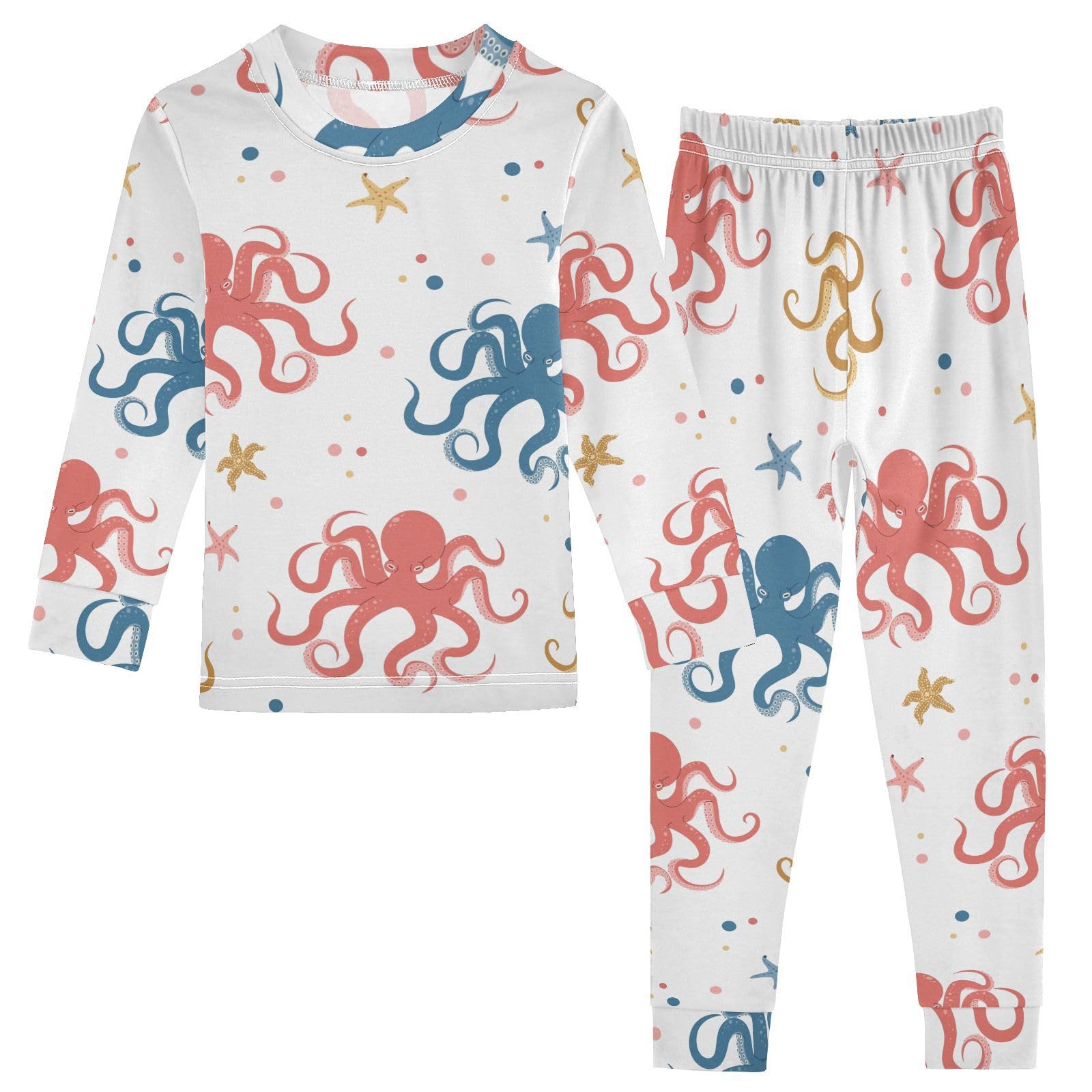 WIFIU Pajama Sets Long Sleeve Top and Pants Cartoon Doodle Octopus Pattern Printed, Soft Cotton Sleepwear 2 Piece Pjs Set for Home Casual Size 4T