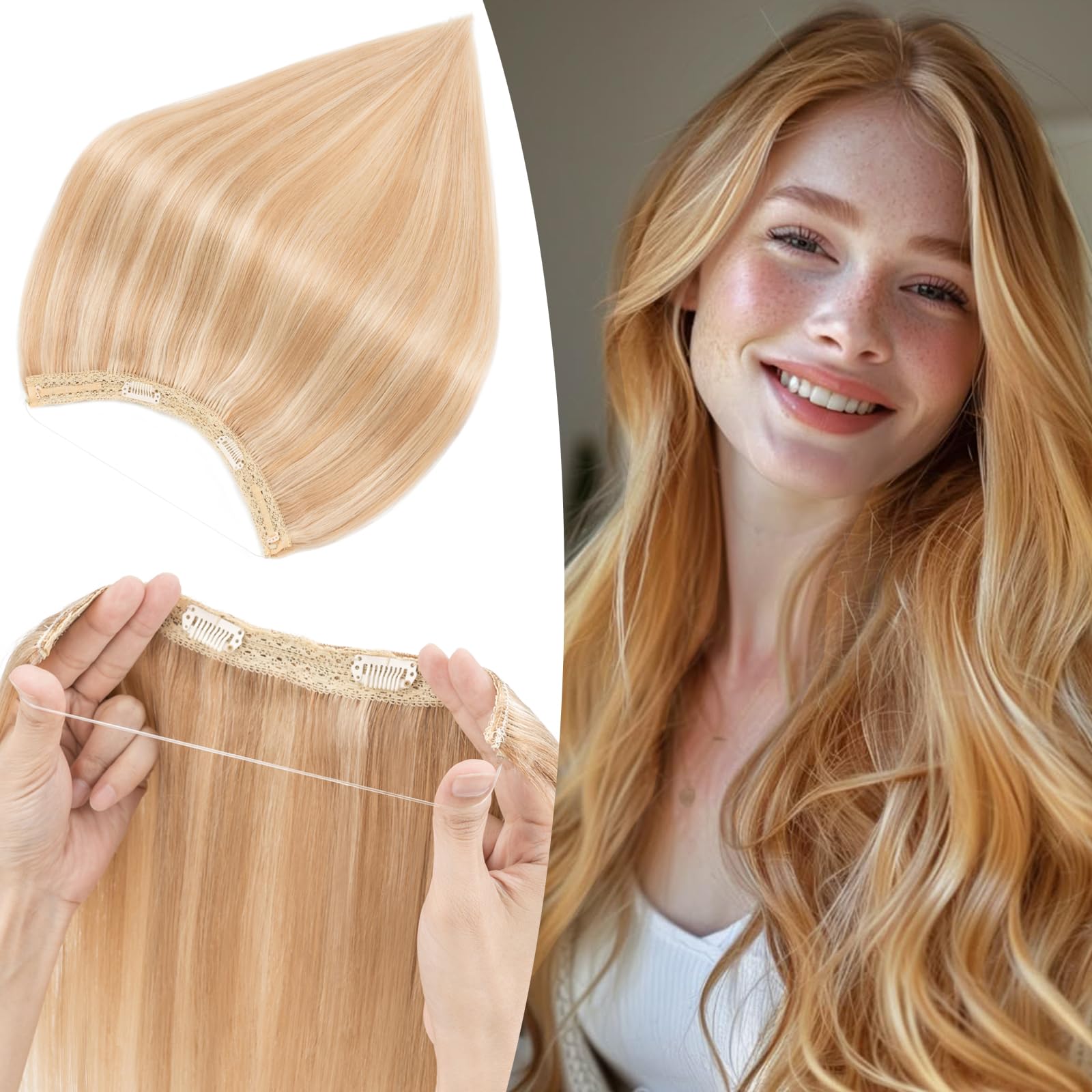 S-noilite Wire Hair Extensions Human Hair Ash Blonde/Bleach Blonde Invisible Fish Line Hair Extensions Real Hair One Piece Human Hair Extensions 14 Inch 60g