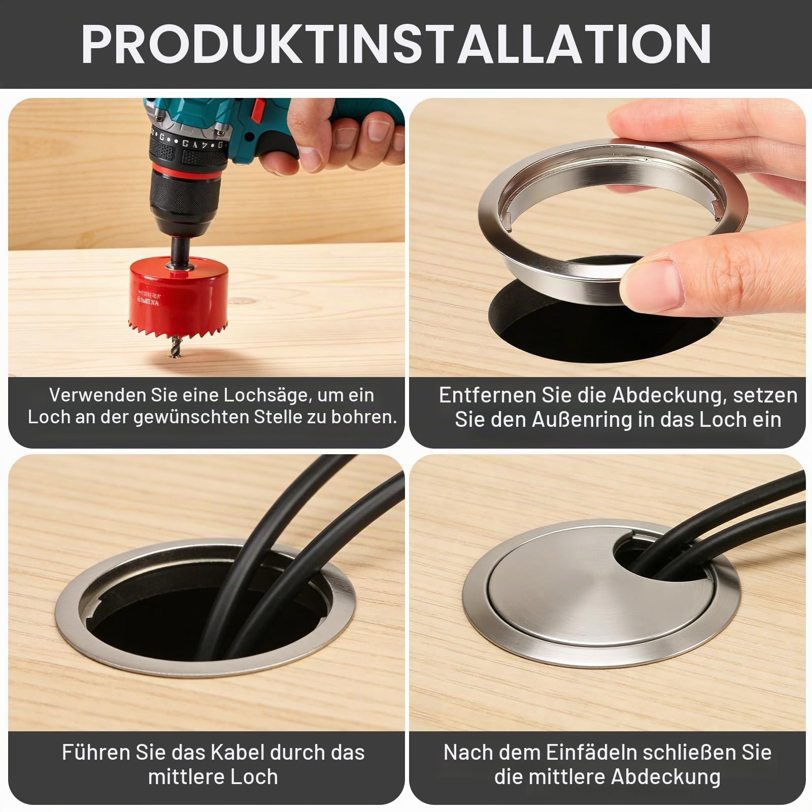 Luabueb 2 Stück Kabeldurchführung Schreibtisch 60mm Silber Kabeldurchlass Metall Schreibtischlochabdeckung mit 1 Stück 60mm Lochsäge für Schreibtische Computertisch Arbeitstisch Bürotisch Spieltisch | Runde Tischkabeldurchführung mit Lochsäge für Tischkab