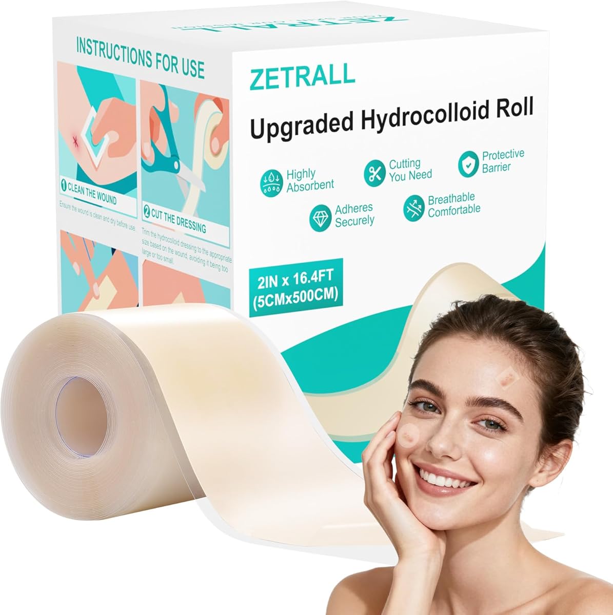 Hydrocolloid Roll for Wound Care, Large Cut-to-Size Hydrocolloid Patch Bandages with Self-Adhesive/Waterproof/Highly Absorbent/Clean & Hygienic Design, 2in x 16.4ft