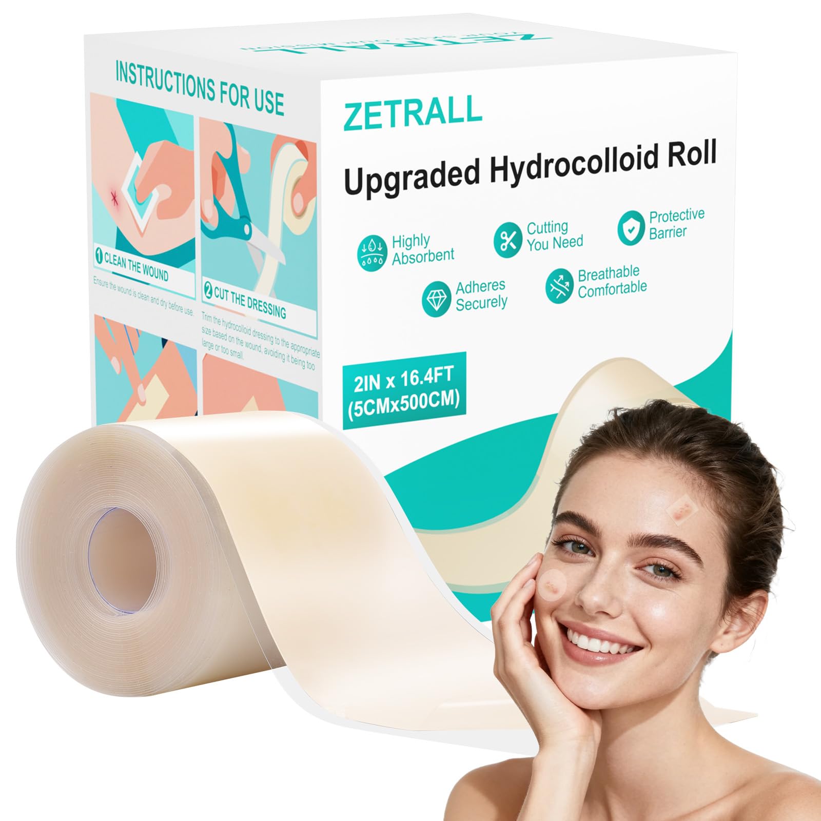 Photo 1 of ZETRALL Hydrocolloid Roll for Wound Care, Large Cut-to-Size Hydrocolloid Patch Bandages with Self-Adhesive/Waterproof/Highly Absorbent/Clean & Hygienic Design, 2in x 16.4ft