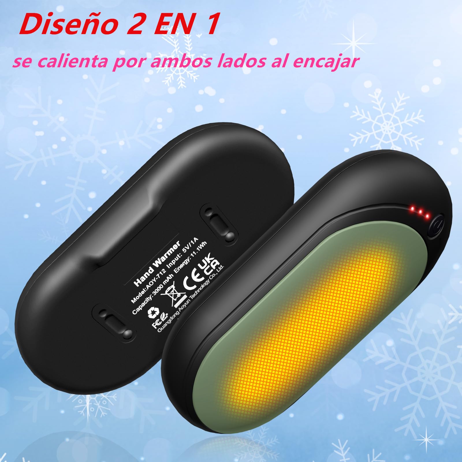 Calentador de Manos Recargable 2 Piezas,2 en 1 6000mAh Batería Calentador Portatil Electrico Calentador Manos de Bolsillo,3 Niveles de Calor,para Navidad/Camping Senderismo