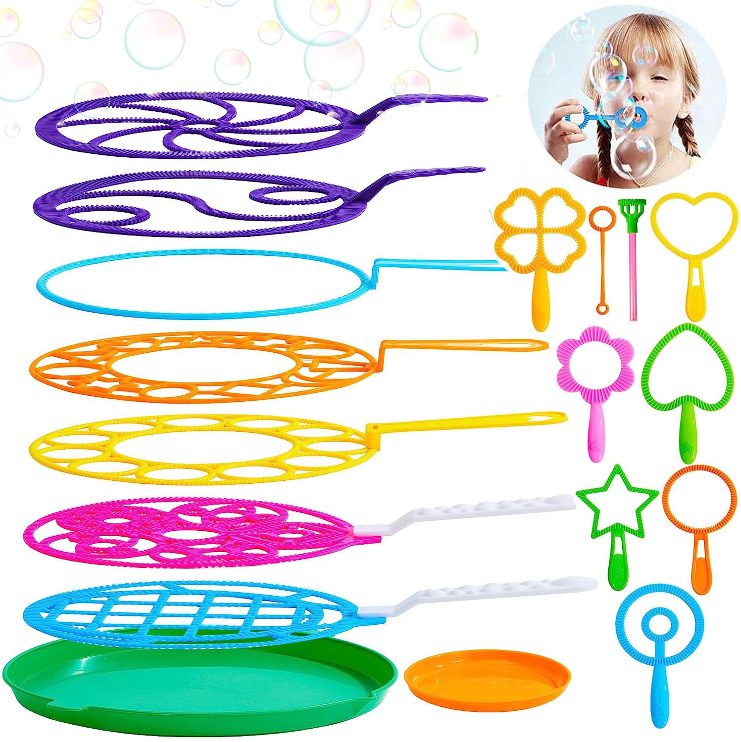 EVURU Big Bubble Wands Set, 18 Pcs Giant Bubble Maker with Tray, 12" Large Bubble Wands Bulk for Kids Summer Outdoor Activity Party Favors, Suitable for All Age People