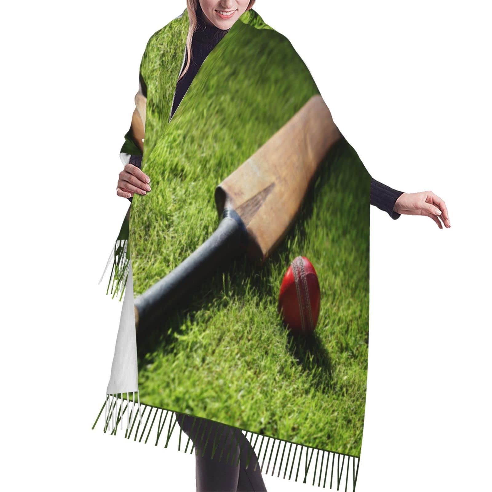 Butxet Unisex As Picture Fringed Scarf Cricket Bat And Ball Soft Blanket Scarf Long Warm Shawl Wraps Cashmere Fringe Scarfs 196X68 Cm