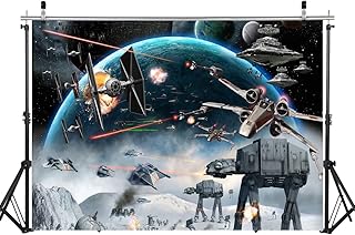LYWYGG 7X5FT Outer Space Backdrop Galaxy Wars Photo Backgrounds Boys Party Supplies Black Stars Science Fiction Photography Backdrop Kids Birthday Decorations Banner CP-248