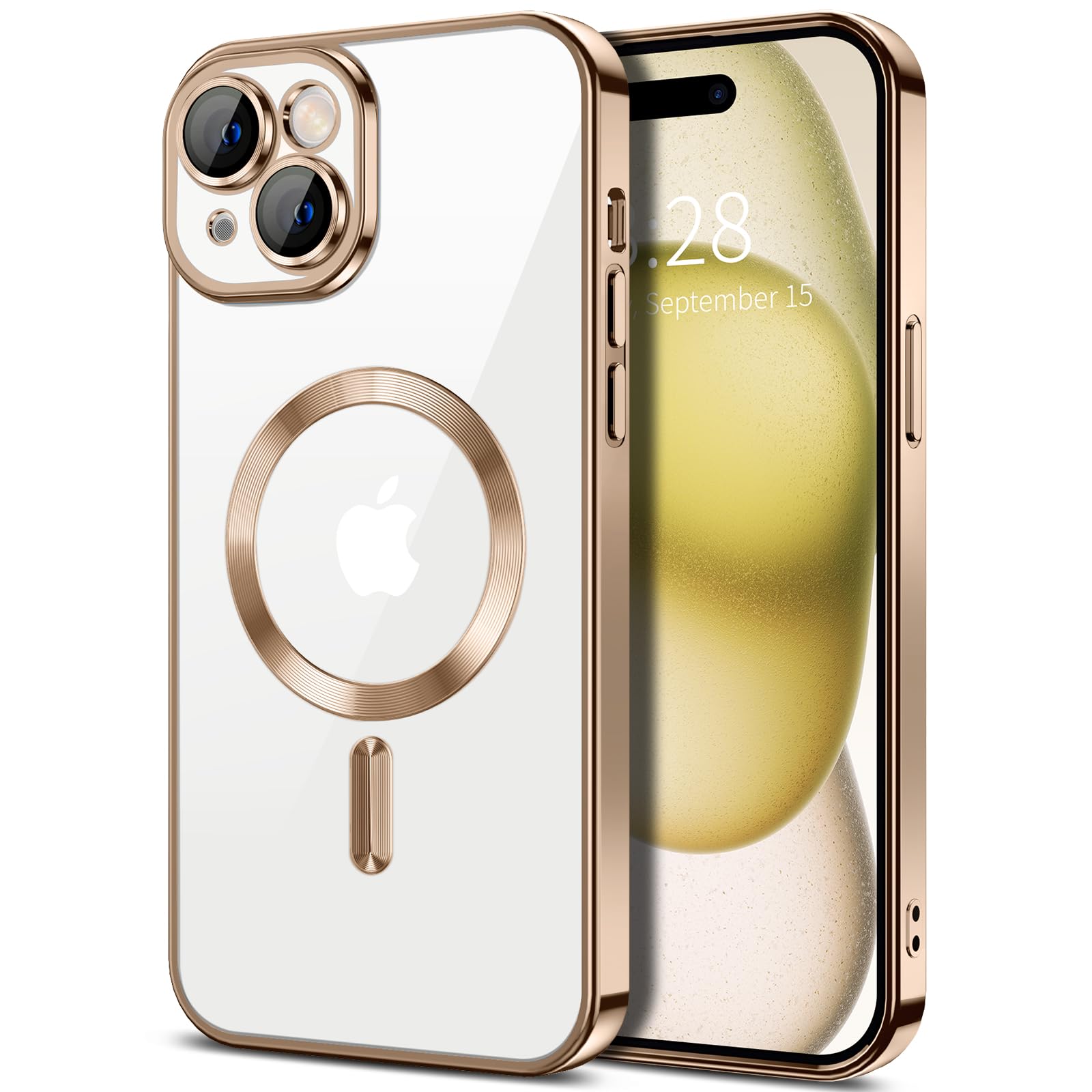 Hython Magnetic Clear for iPhone 15 Plus Case with Camera Lens Protector [Compatible with MagSafe] Luxury Plating Edge Slim Soft TPU Cover Protective