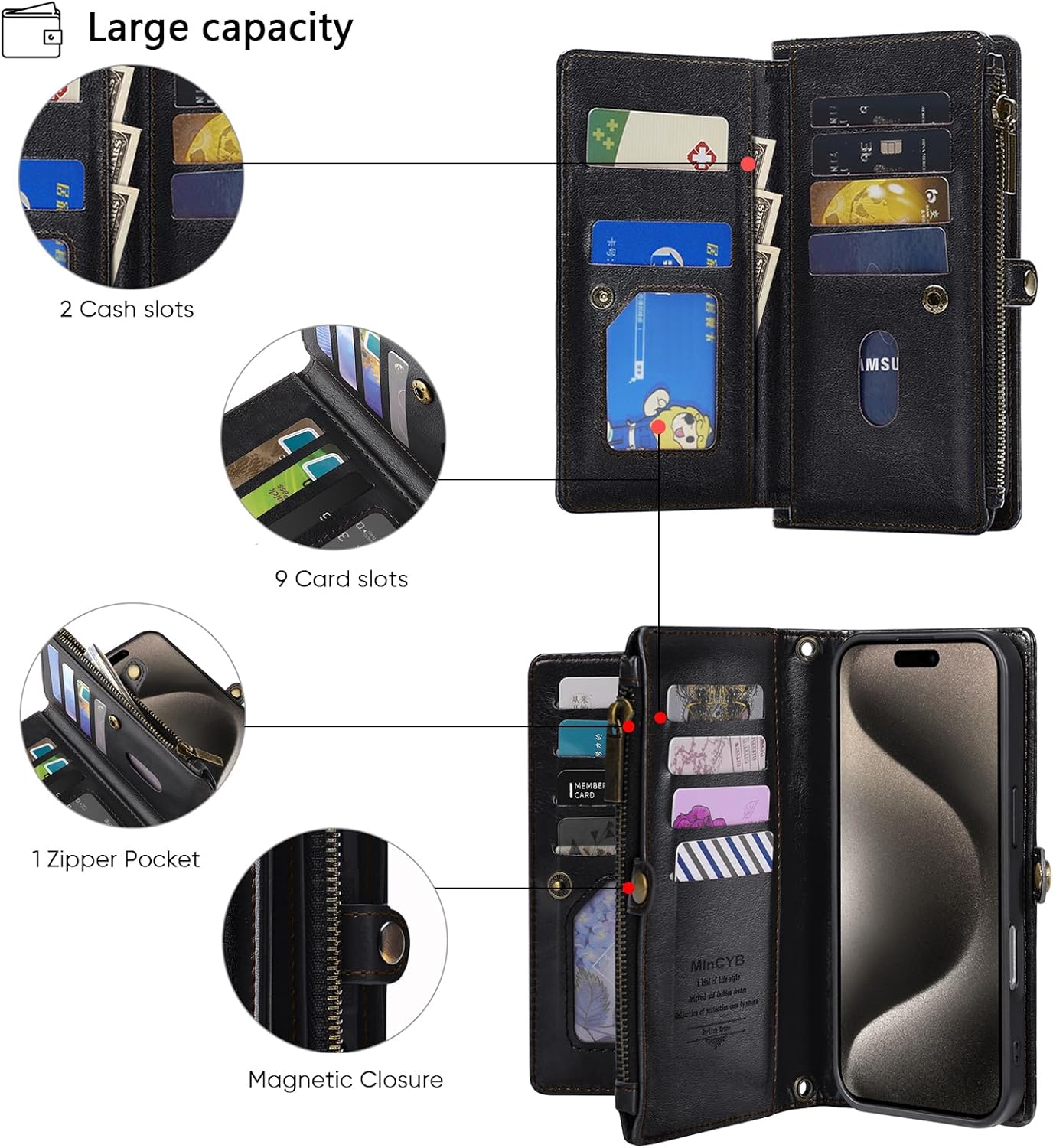 MInCYB for iPhone 17 Pro Wallet Case, [Compatible with Magsafe] [Magnetic Detachable] [RFID Blocking] PU Leather Case with Card Holder & Crossbody Strap for Women Men, Black