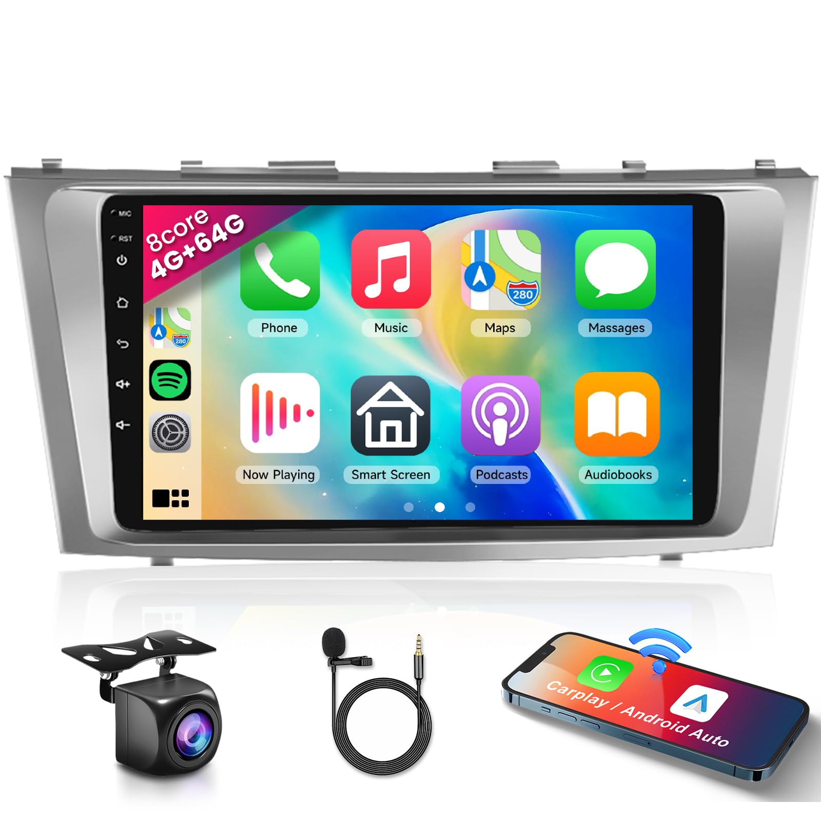 Podofo 8 Core 4+64G Android Car Radio Stereo for Toyota Camry 2006-2011 with Wireless Carplay Android Auto, 9 Inch IPS Touch Screen, Android 13 GPS WiFi Bluetooth 32-Band DSP HD Backup Camera-image-12