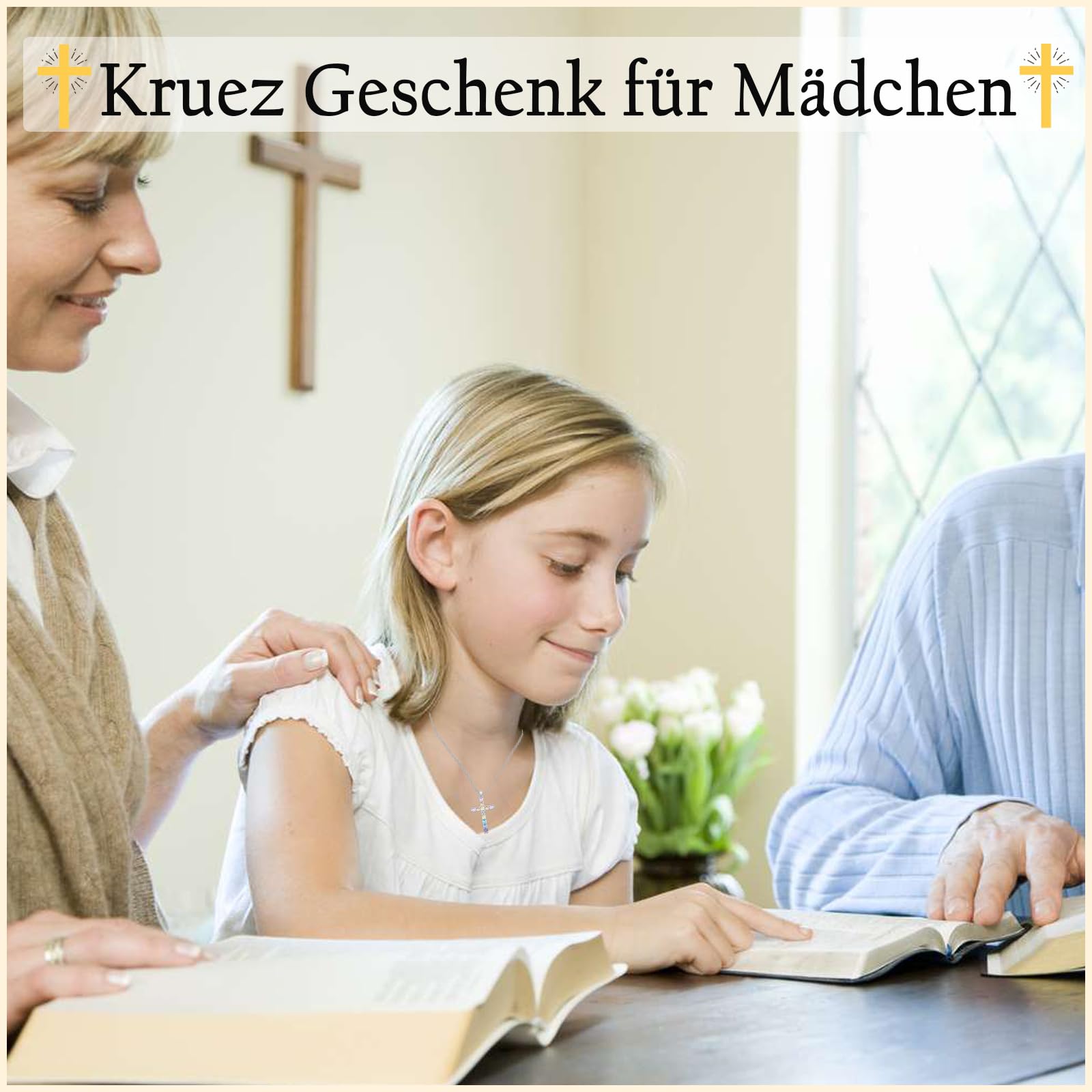 FAOMZQ Kommunion Geschenke für Mädchen, Kreuz Kette Halskette zur Erstkommunion Kommunion Konfirmation Taufe Firmung, Geschenk für Tochter Schwester Nichte Enkelin Patentochter von Mama Papa Taufpaten