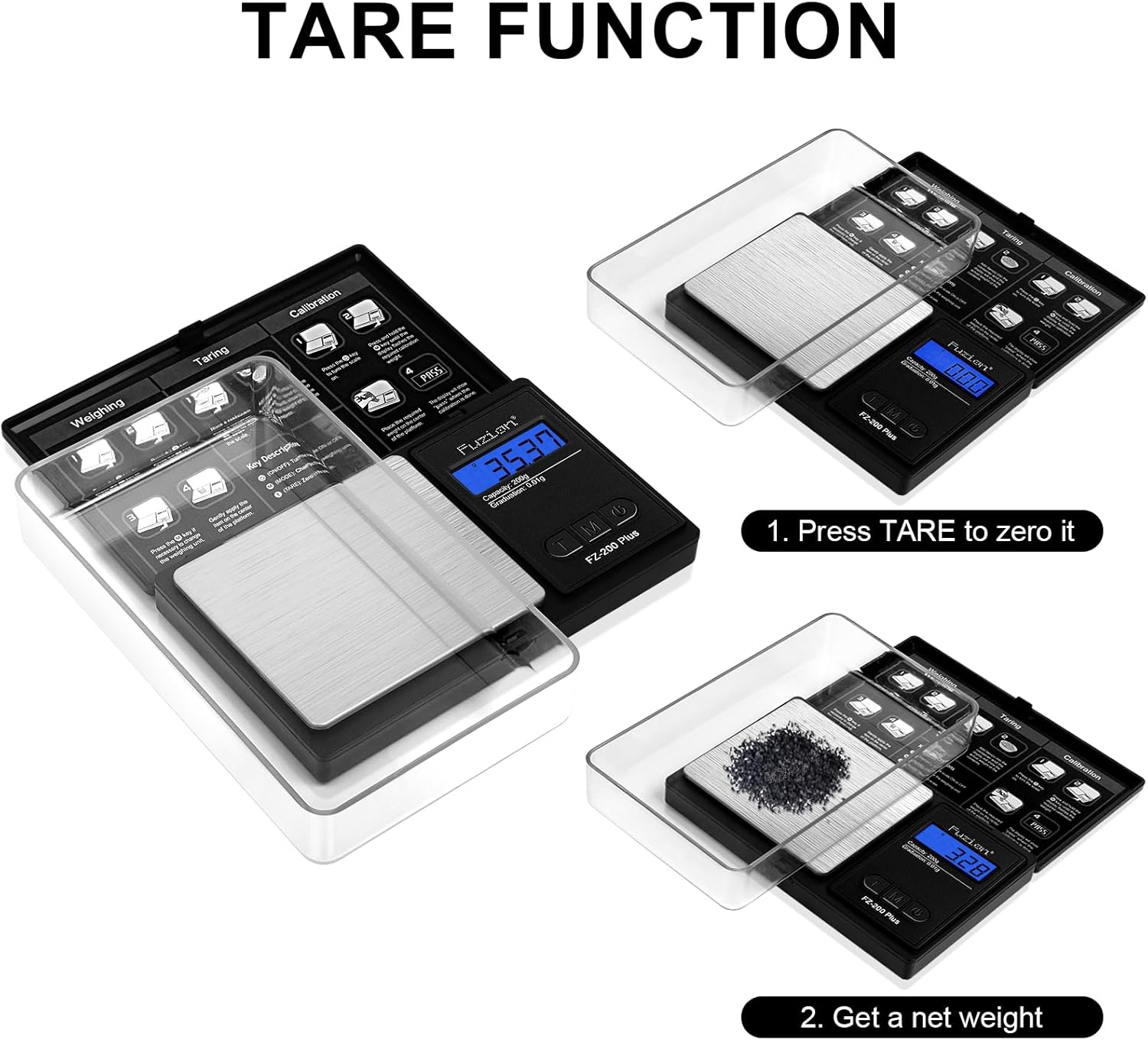 Image demonstrating the tare function of the Fuzion FZ-200 Plus scale, showing a bowl being tared to zero before adding contents.