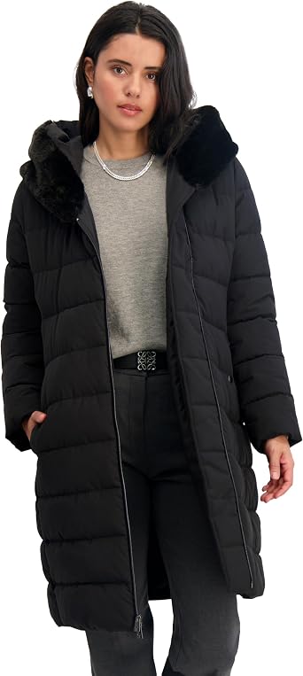 TAHARI Womens Mid-length Quilted Puffer Coat With Attached Hood, Faux Fur Trim, Velvet Bib & Zipper Closure