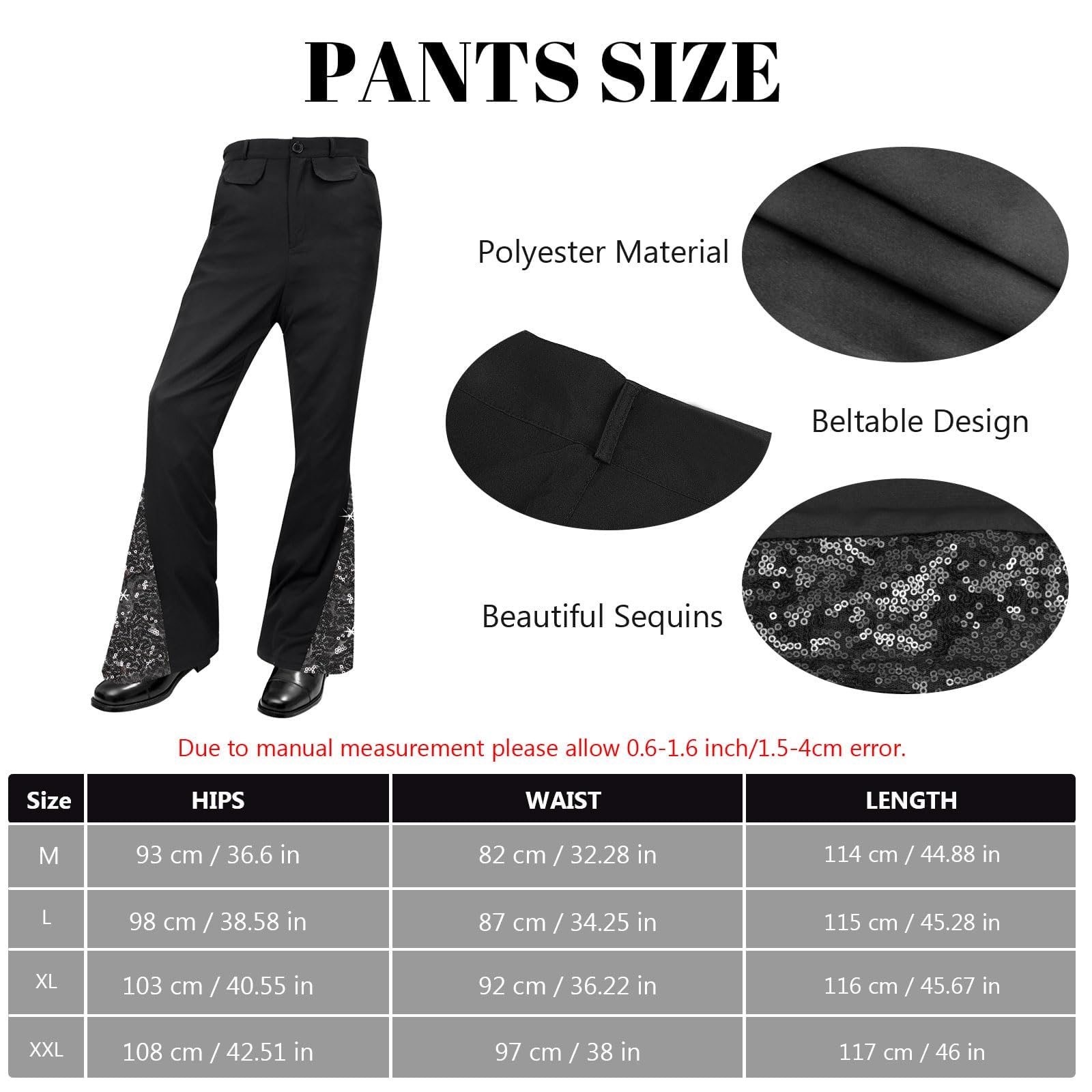 XJGQZ Mens 70s Disco Outfit, 6 Pcs Retro Disco Costume Includes Bell Bottom Pants, Shirts, Wig, Glasses, Necklace - Image 3