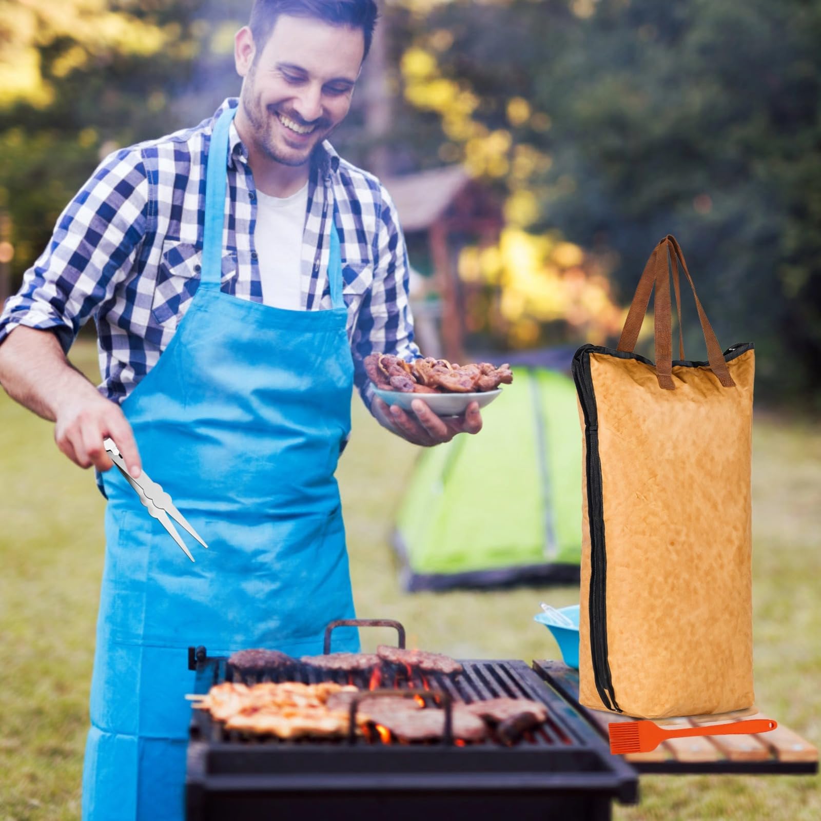 Koc do mięsa, 53 cm, izolowana torba PE na grillowane mięso, z termometrem do grillowania, podwójne szczypce, silikonowa szczotka do oleju, do grillowania na świeżym powietrzu, pikników i serwowania