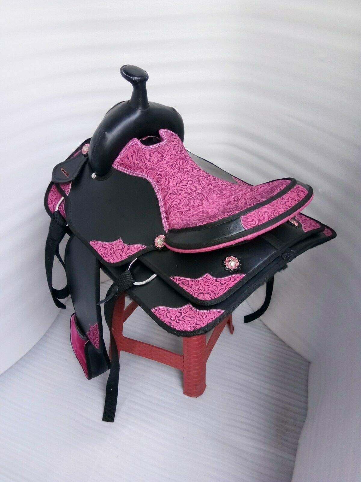Selle Western Mixte 17 Pouces - Cuir & Synthétique - Noire/rose - Set 6 Pièces - Aledo