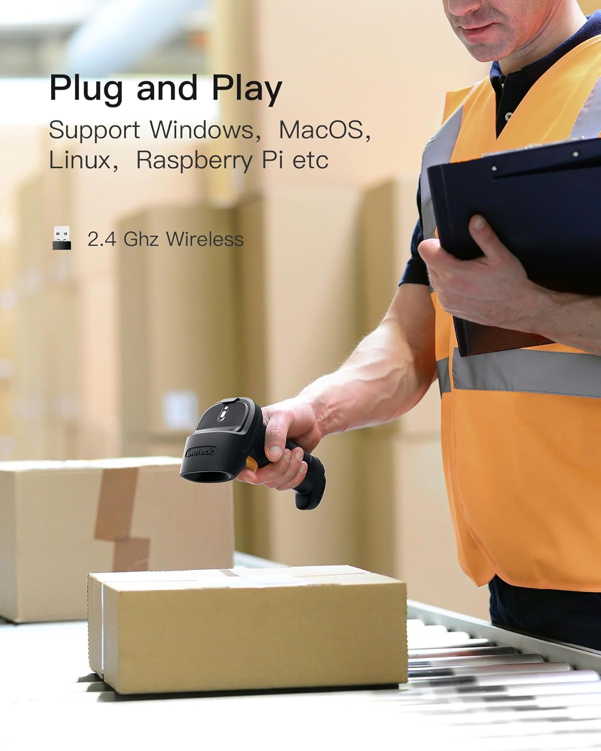 Inateck BCST-60 scanner in use with a laptop, showing plug and play functionality