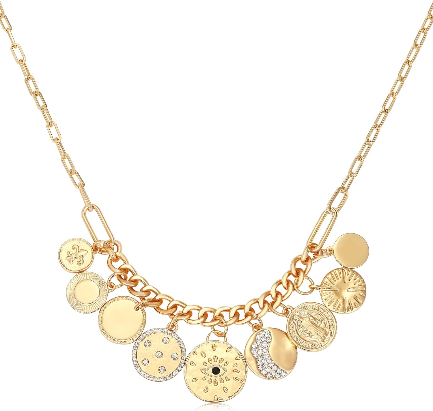 MISS RIGHT Dainty Gold Evil Eye Hamsa Hand Coin Lucky Charm Pendant Necklace for Women Trendy Vintage Paperclip Chain Sun Moon Clover Flower Chunky Charm Necklace Jewelry Gifts