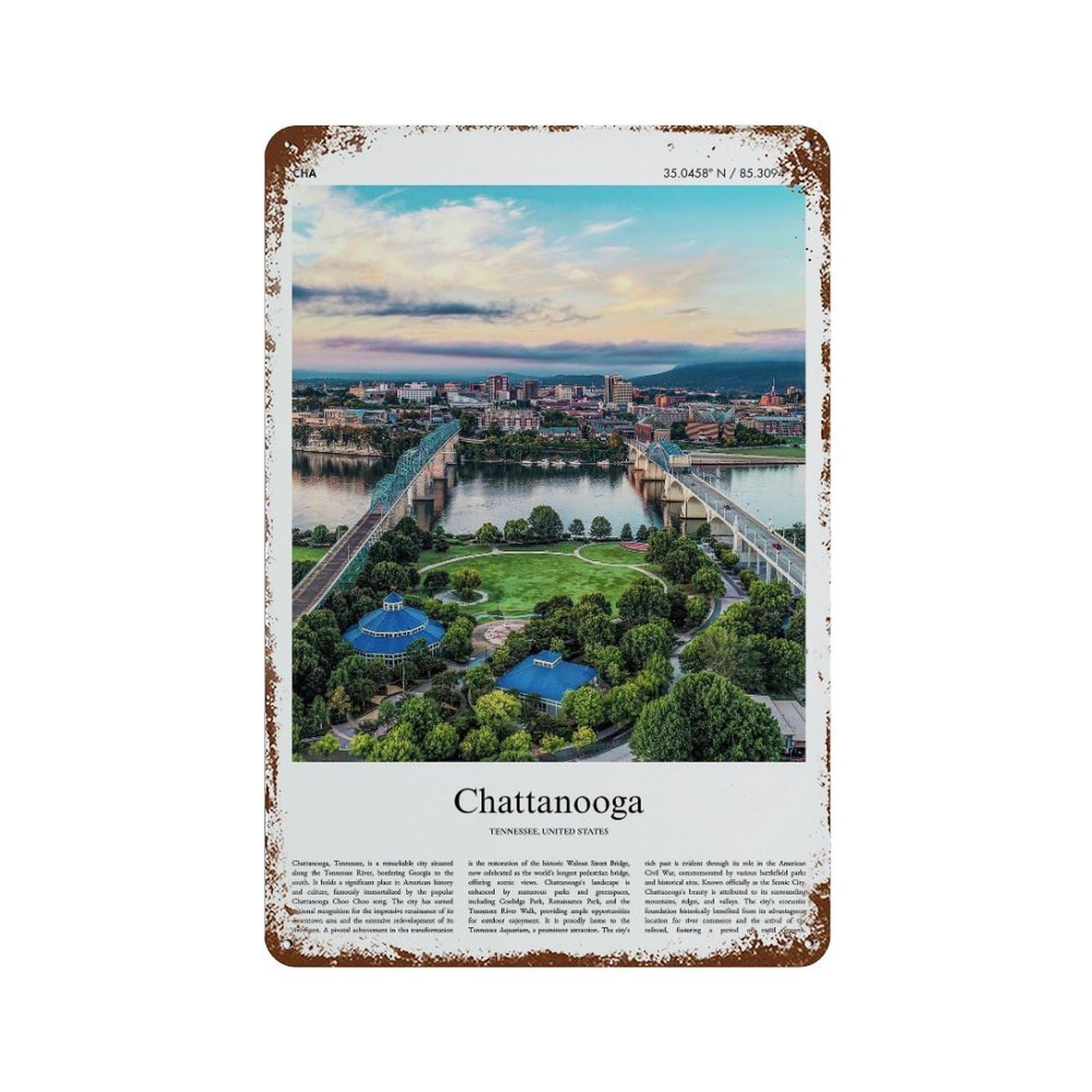 xiaoxiaoshen Chattanooga Tennessee, United States, USA City Scenery Wall Decor Art Metal Tin Poster Modern Home Decor Art Home Bar Shop Decorations Vintage Sign 30x20cm