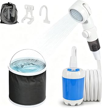 Portable Camping Shower, Outdoor Shower Kit, Hose& Folding Bucket, Rechargeable Powered Portable Shower for Camping, Hiking, Beach,RV,Pet Cleaning & Road Trips