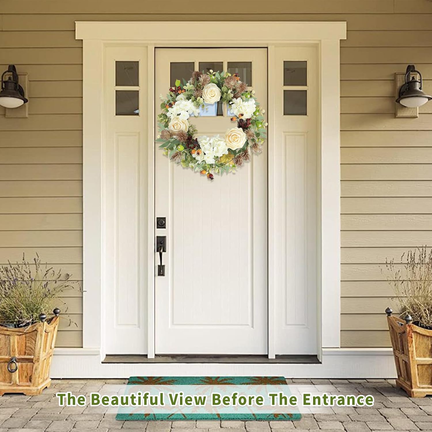 22'' Summer Wreaths for Front Door,Hydrangea Artificial Flowers with Blue Hydrangeas, Berries, Globular Daisies,Hydrangea Plant for Outdoor/Indoor Window Wall Porch Home Farmhouse Decor.