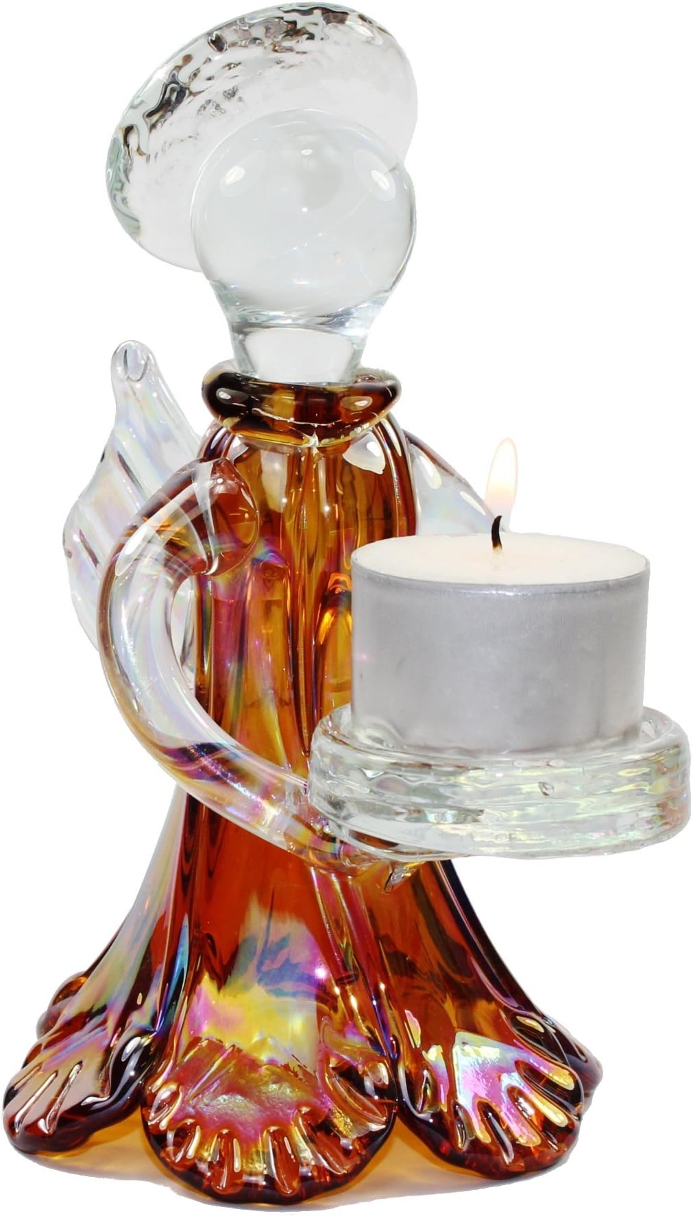 Tall Glass Angel Tealight Holder with Pearlescent Finish in Amber
