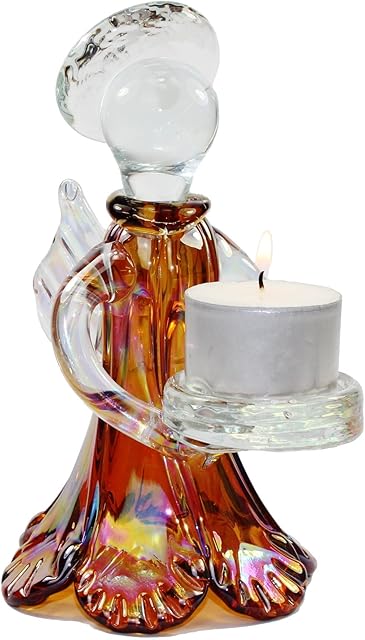 Tall Glass Angel Tealight Holder with Pearlescent Finish in Amber