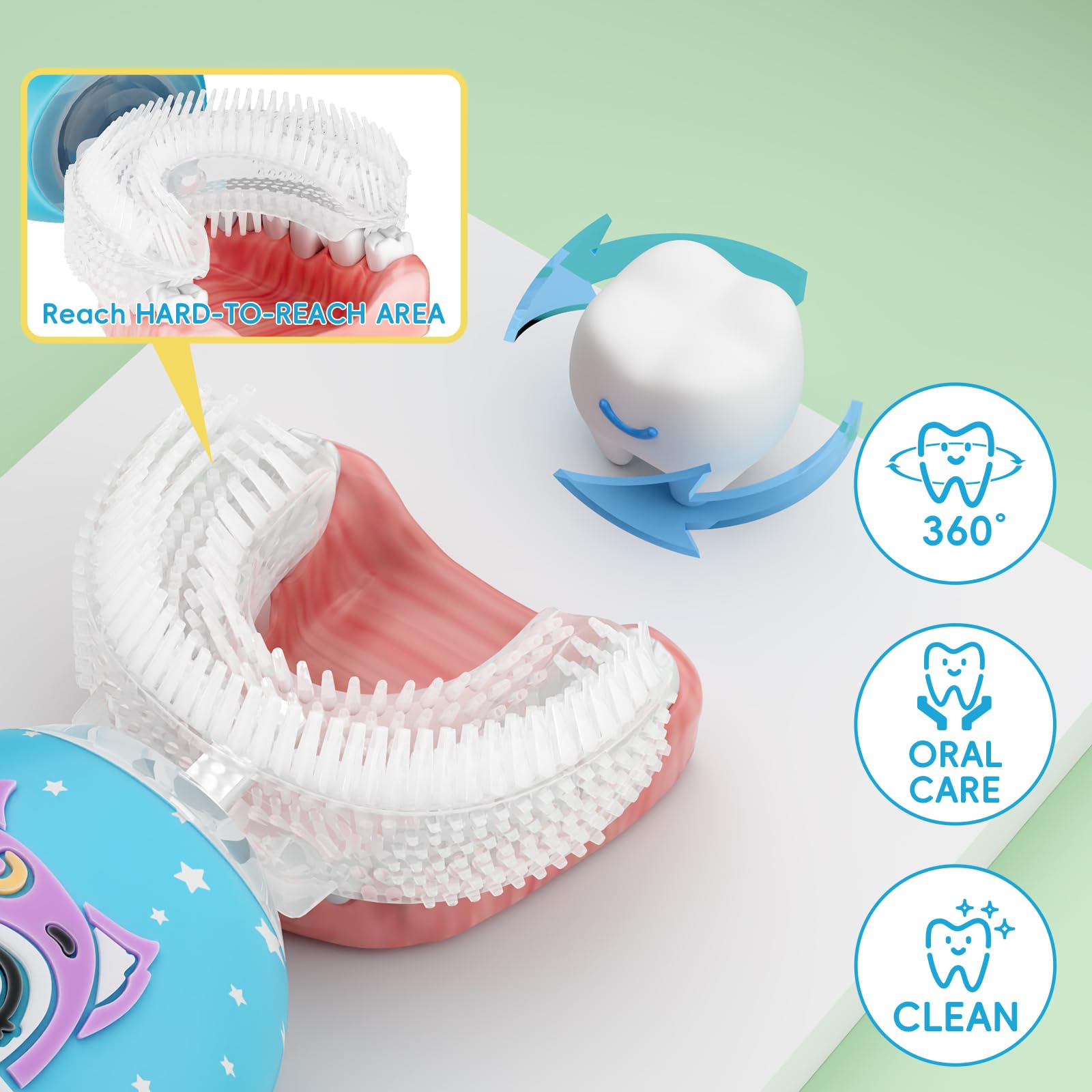 Spazzolino elettrico a forma di U per bambini con 4 testine, spazzolino sonico per bambini con timer 60s, design impermeabile IPX7, età 2-14, motivo carino blu