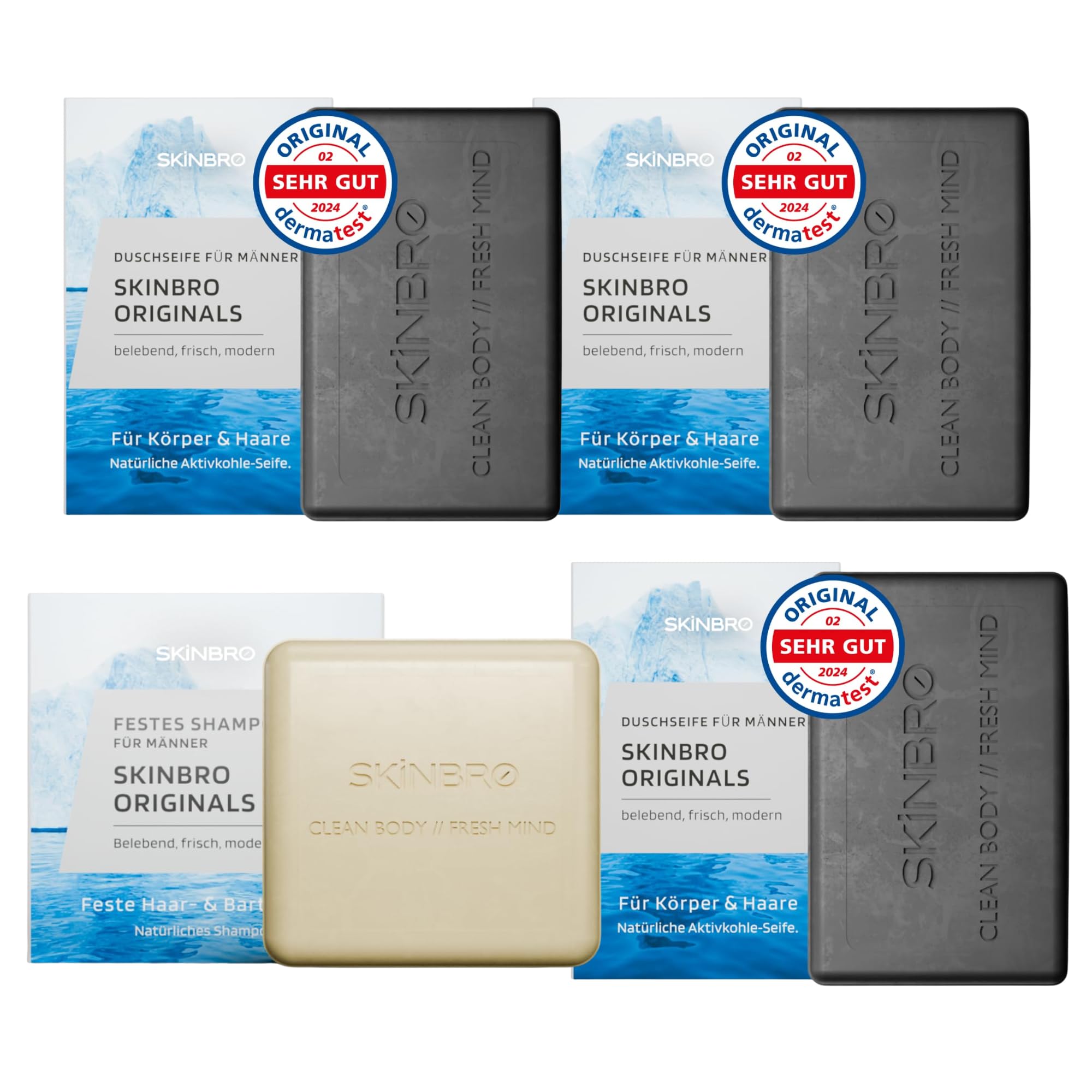 SKINBRO Herren-Set: 3x Aktivkohle Duschgel fest (3x100g) + 1x Premium Shampoo Bar | Sportlich-Frisch, Vegan, Ohne Silikone | Nachhaltig Made in Germany