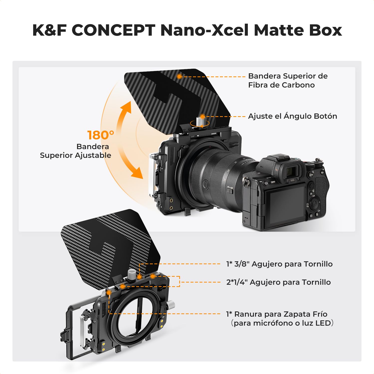 K&F CONCEPT Mini Matte Box,Bandera Superior Fibra de Carbono con 1 Bandeja de Filtro de 4" x 5,65" con 5 Adaptadores de Anillo Circular (67/72/77/82/95mm)