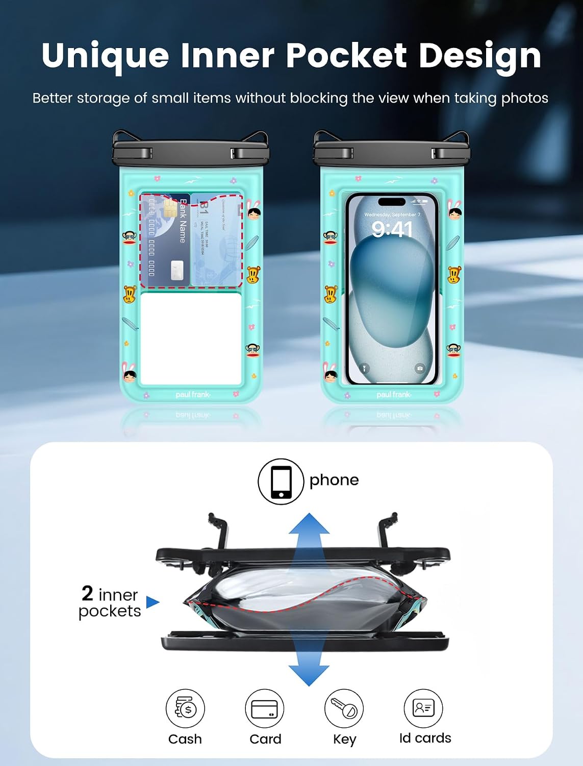 Paul Frank Waterproof Phone Pouch Floating, 2 Pack IPX8 Waterproof Phone Case with Lanyard for iPhone 17 16 15 14 Pro Max Galaxy S25 S24, Cellphone Dry Bag Beach Cruise Ship Essentials(up to 8.5")