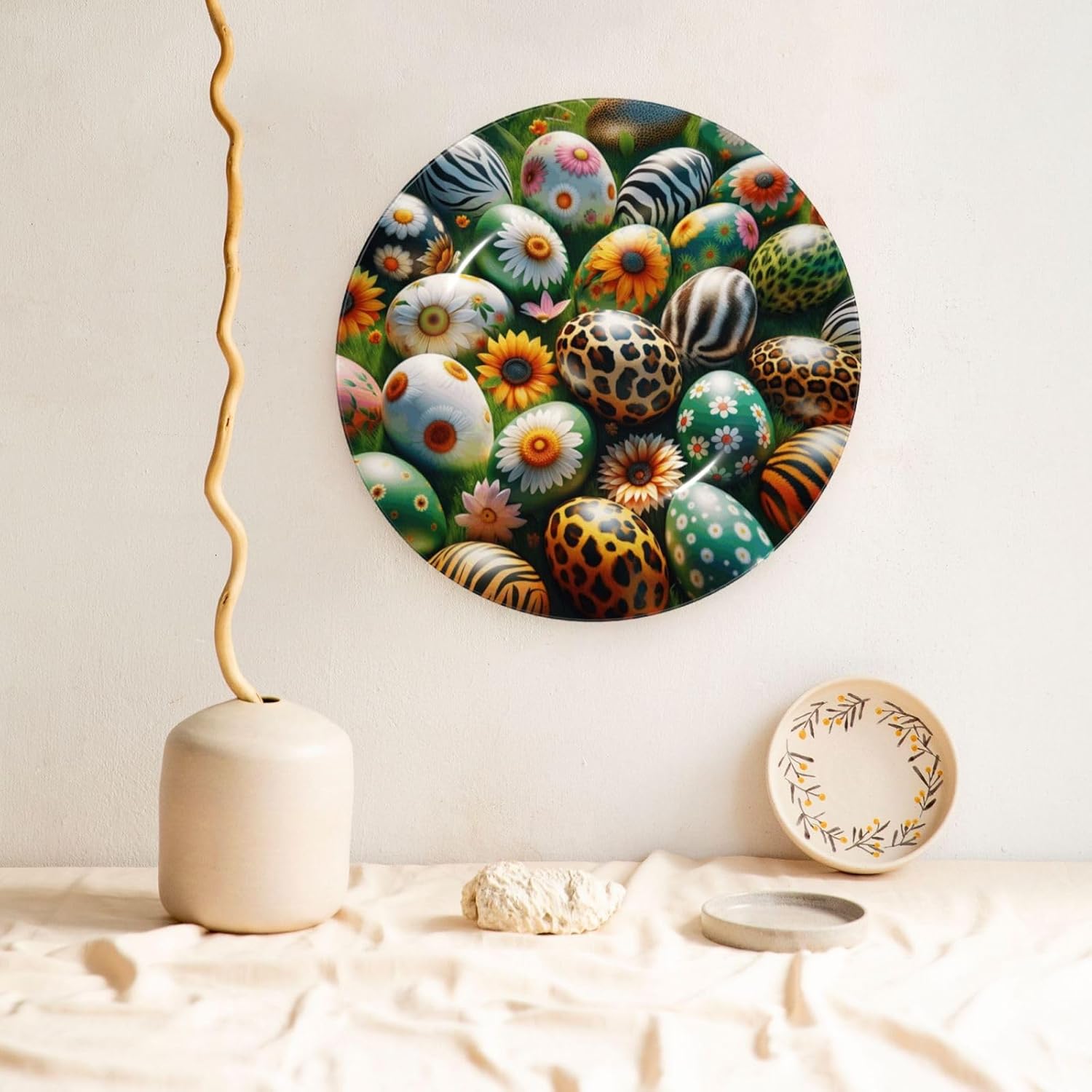 Easter-Eggs-Floral-Animal 10 Inch Decorative Plate With Stand, Elegant Display Wall Plate For Home Decor
