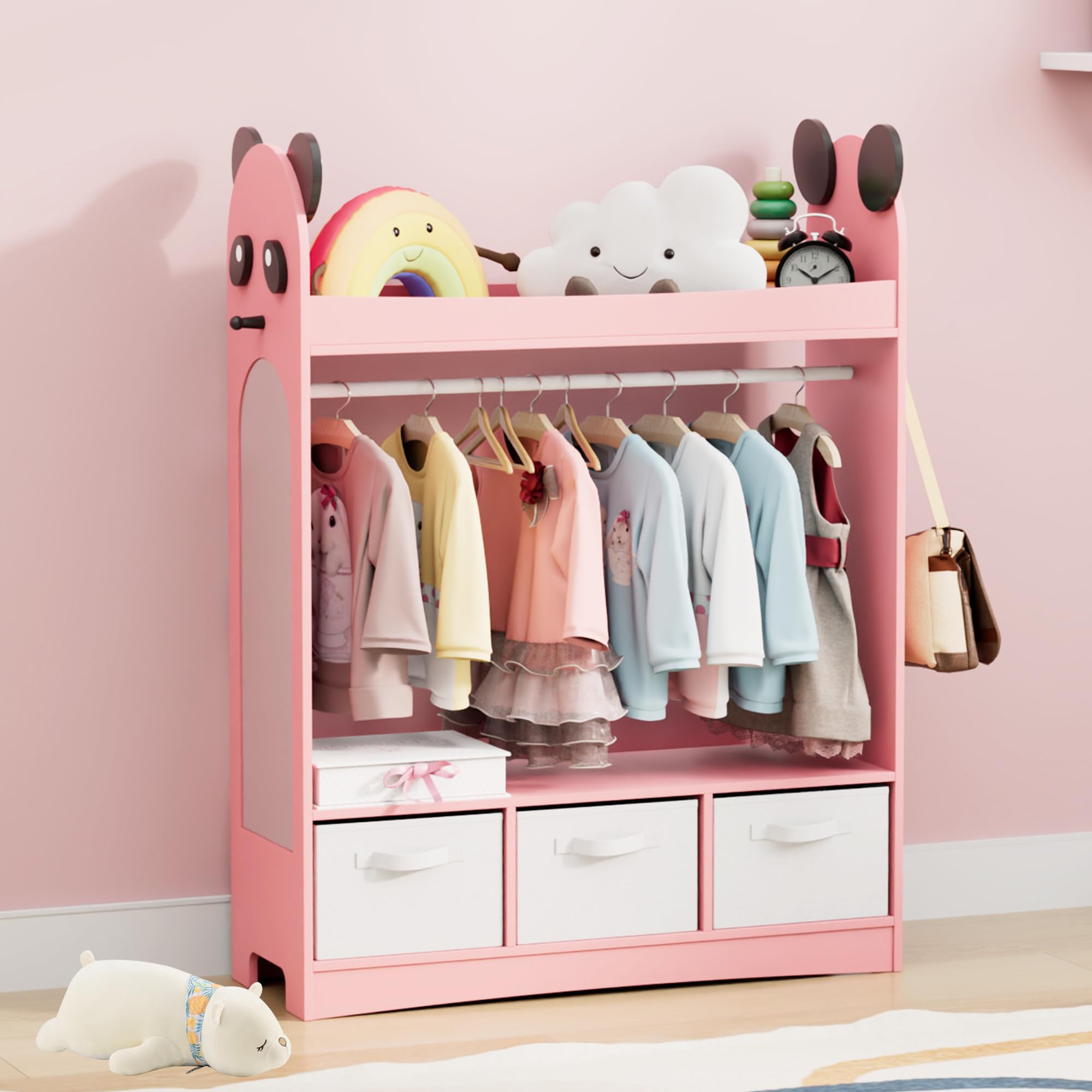 NACHES Kinder Kleiderschrank Kinderkleiderständer mit Boxen, Kleiderstange, Spiegel und Ablagen, Kindergarderobe aus Holz, Kinderregal 81 x 28 x 106,5 cm (Rosa, Panda mit 3 Schubladen)