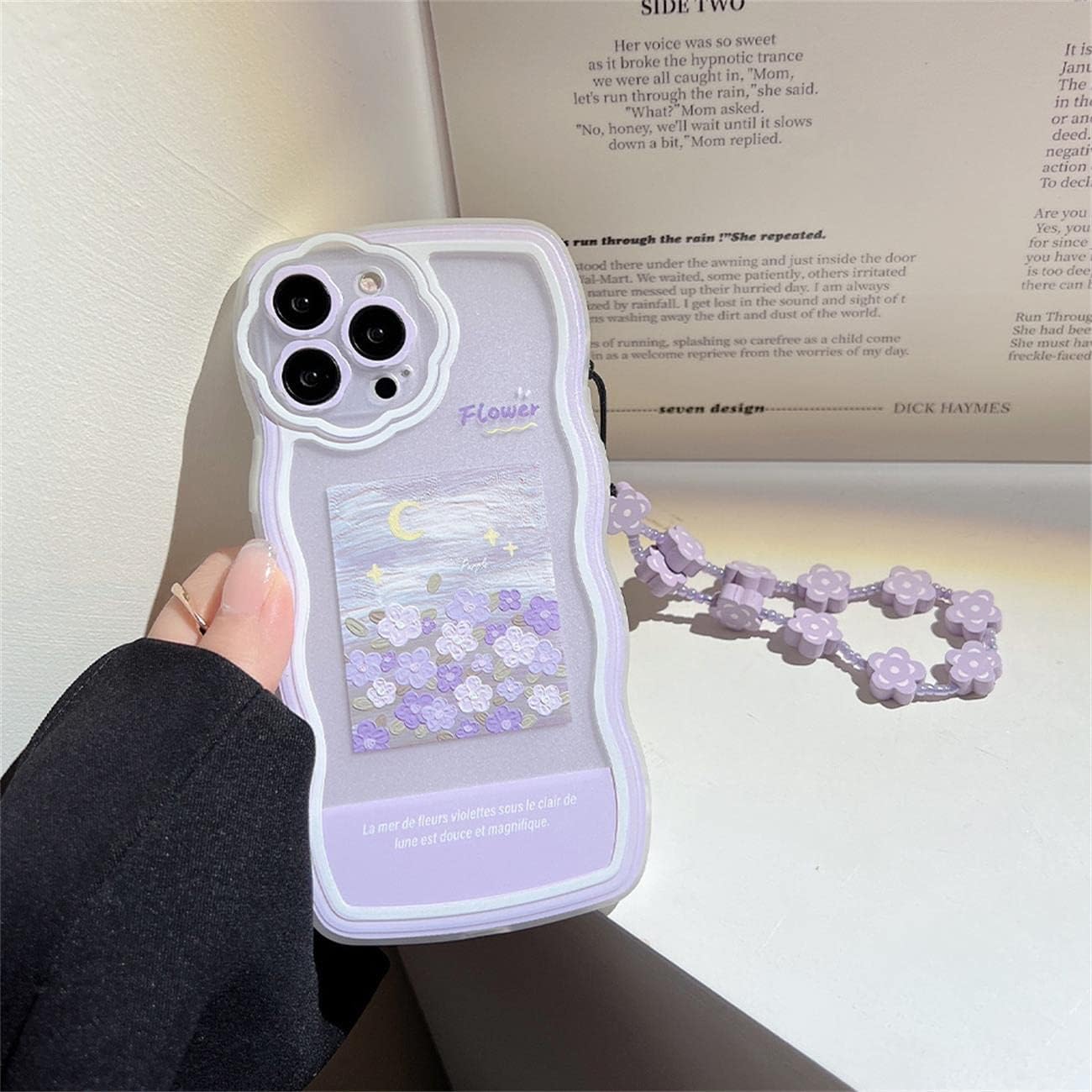 Fycyko Compatible with iPhone 13 Pro Max Case with Cute Purple Flower Floral Pattern Design Aesthetic Women Teen Girls Flower Lens Protection Case for iPhone 13 Pro Max+Chain-Flower - Image 4
