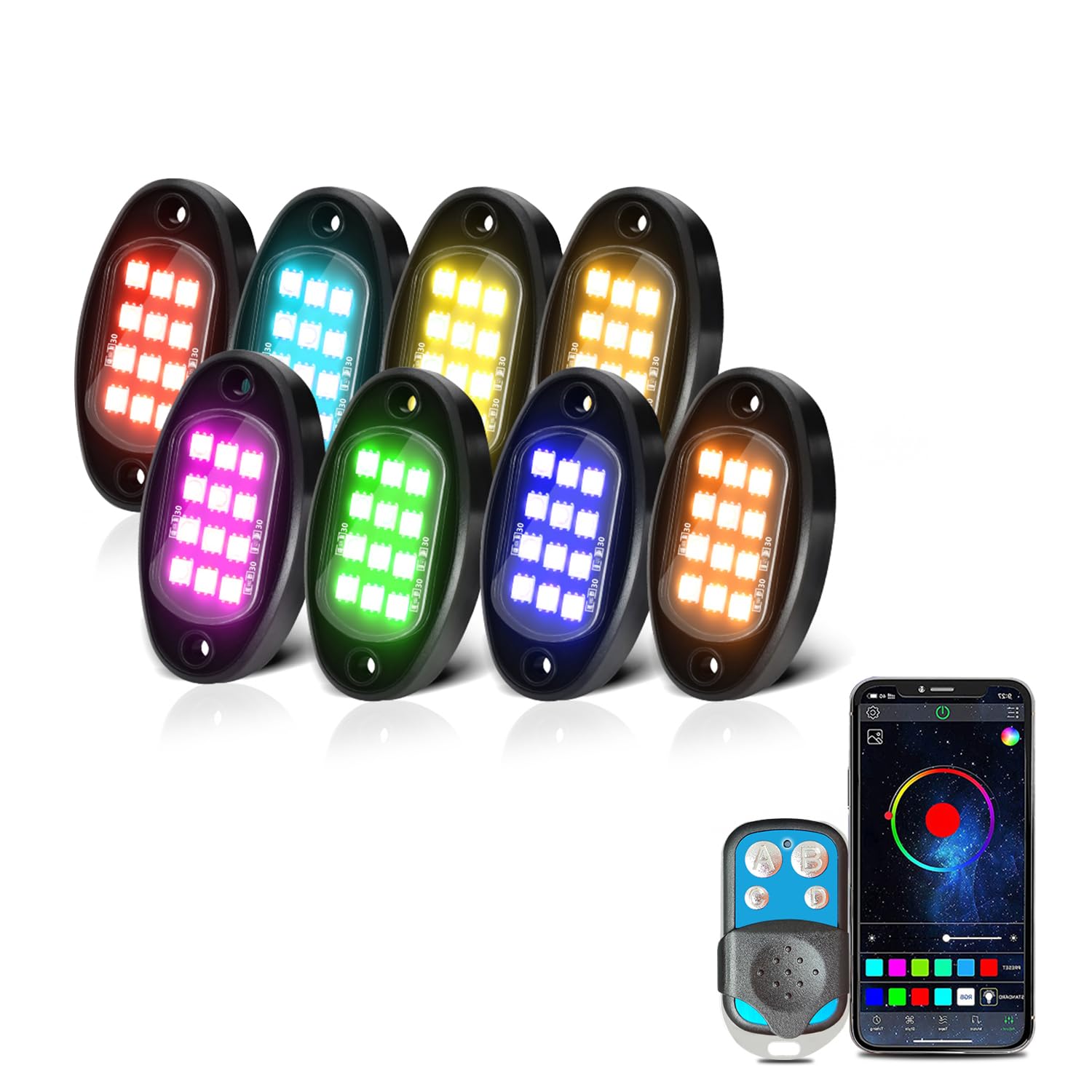 RGB LED Rock Light Kits Car Neon Underglow Lights Waterproof Underbody Wheel Light for Car Truck Trailler ATV SUV UTV