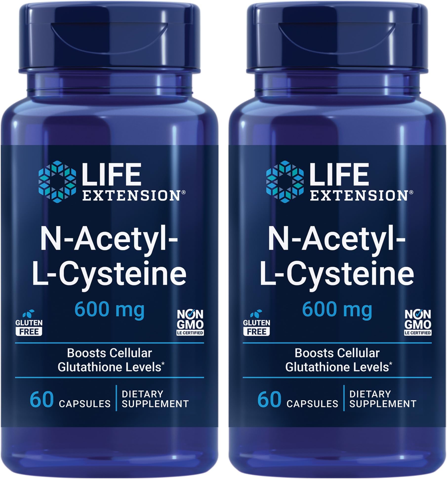 Life Extension N-Acetyl-L-Cysteine (NAC), immune, respiratory, liver health, NAC 600 mg, potent antioxidant support, free-radicals, easy to absorb, 60 capsules - Pack of 2