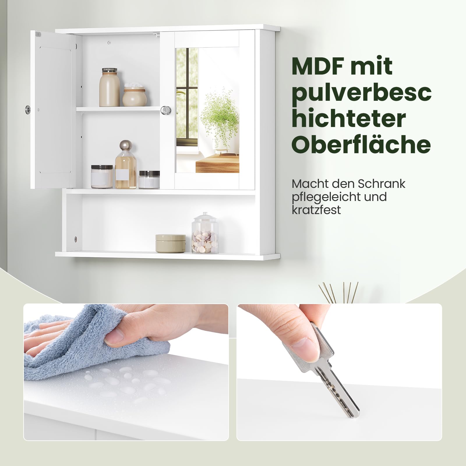 EUGAD Spiegelschrank für Badzimmer Gästetoilette Wohnung Hotel, Badschrank hängend, mit Verstellbarer Ablage, mit magnetischer Tür, aus MDF, 56 x 58 x 13 cm, Weiß