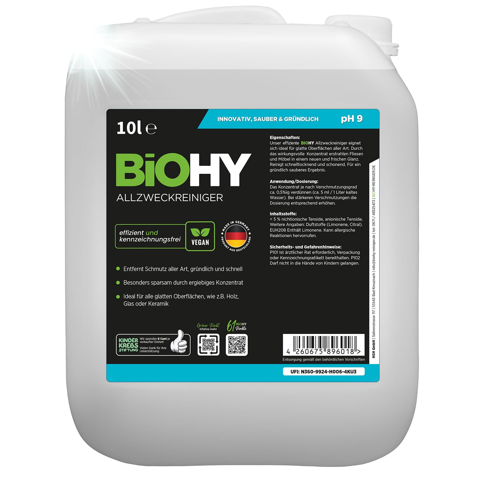BiOHY Detergente multiuso (Lattina da 10 Litri) | Detergente universale professionale delicato per la casa e l’auto | Completamente biodegradabile (Allzweckreiniger)