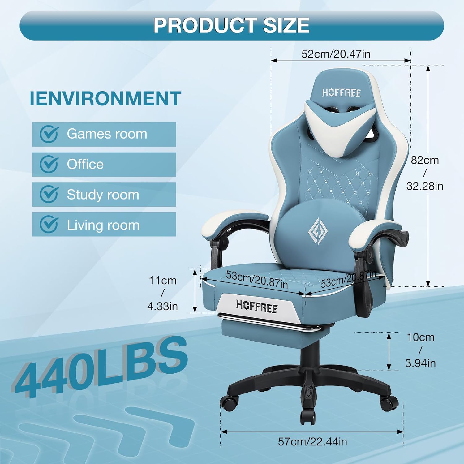 Diagram showing detailed product dimensions of the HOFFREE gaming chair in centimeters and inches.