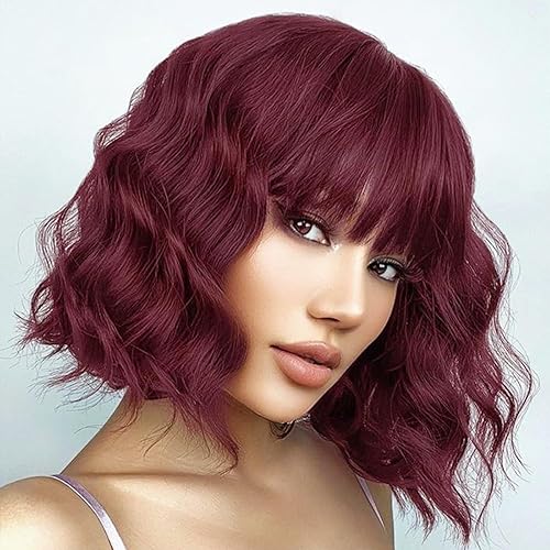 andromeda Wine Red Wavy Wig with Bangs Soft Short Bob