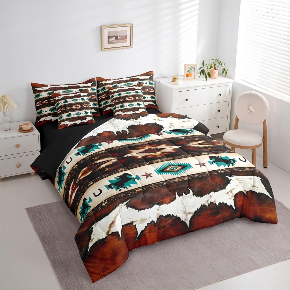 Feelyou Horse Comforter Set King Size 7 Pieces Cowhide Cow Print Retro Fur Bedding Set Boho Rustic Farmhouse Bed in a Bag with Comforter, Sheets, Pillowcases, Cushion Covers Western Aztec Quilted